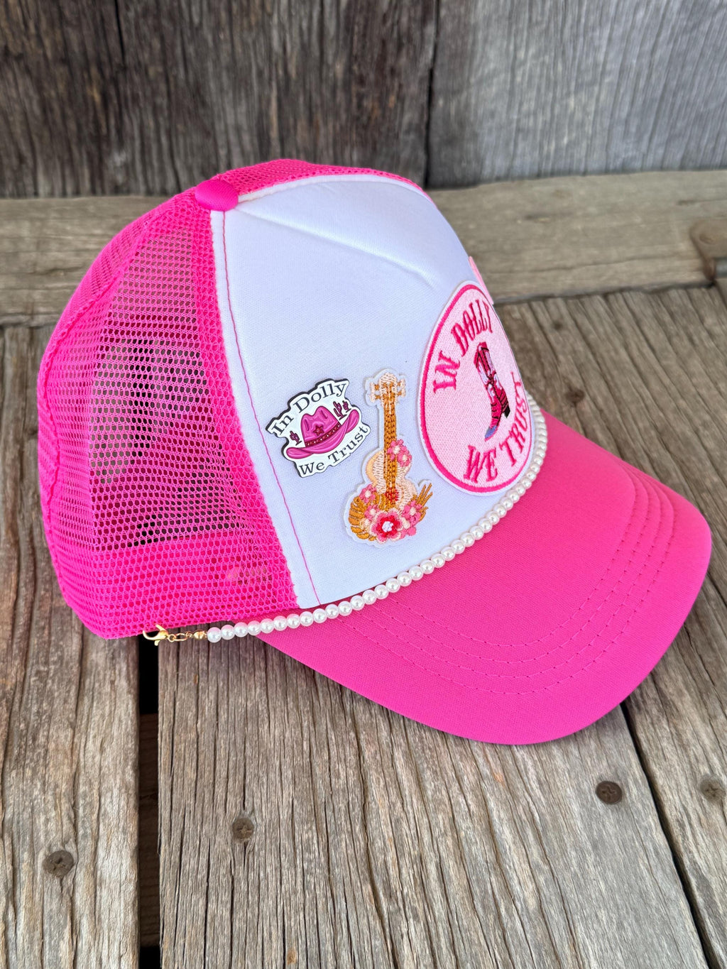 Pink Western Cowgirl Trucker Hat | Guitar, Purple Rose & Heart Patches | Pearl Hat Chain & Hat Pin