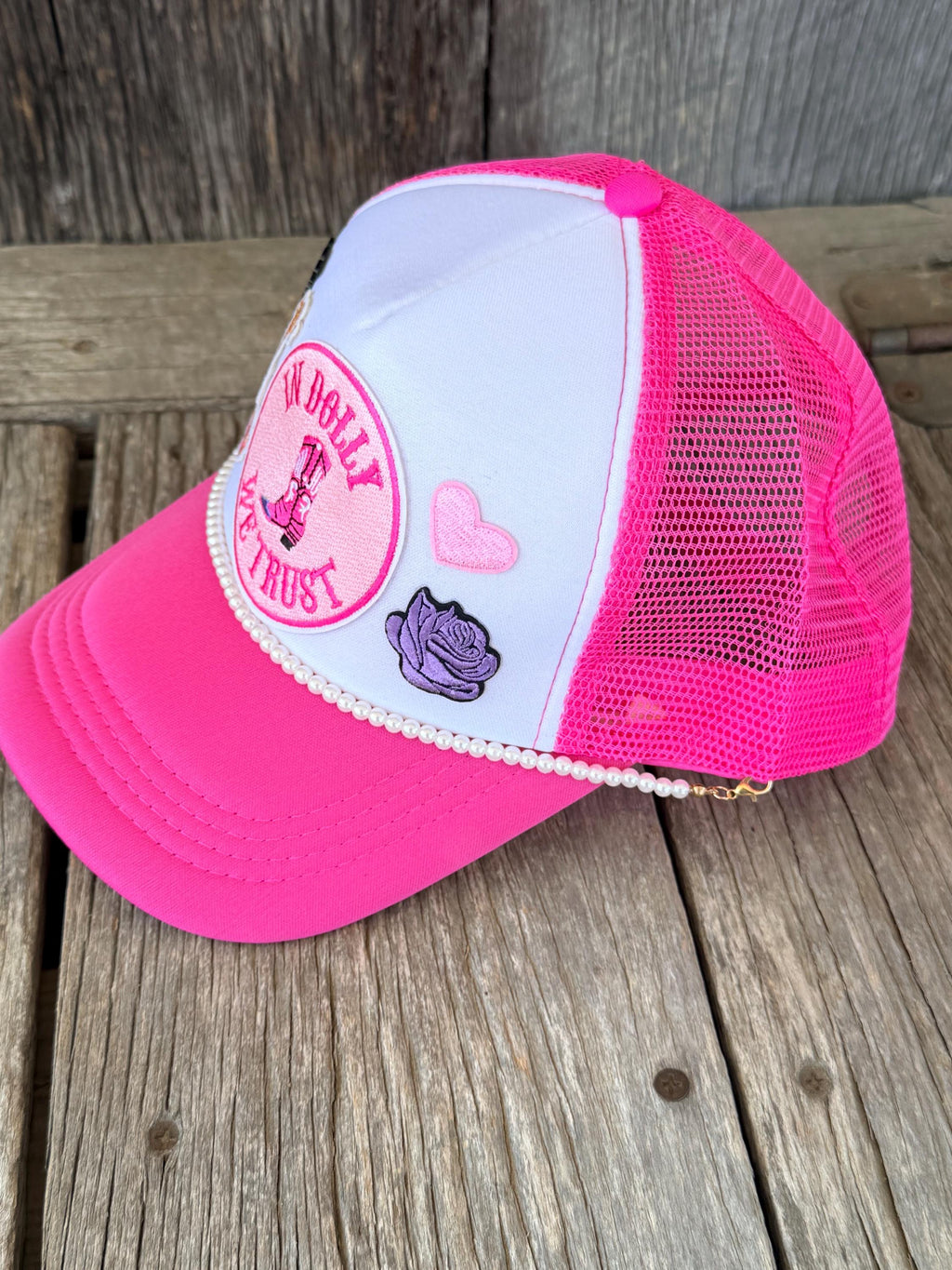 Pink Western Cowgirl Trucker Hat | Guitar, Purple Rose & Heart Patches | Pearl Hat Chain & Hat Pin