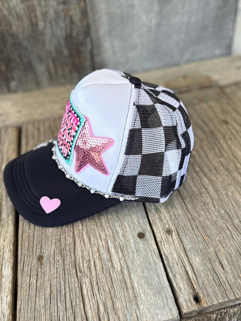 Black Western Trucker Hat | Small Town Smoke Show, Sequin Star & Checkered Heart Patches | Pearl Hat Chain