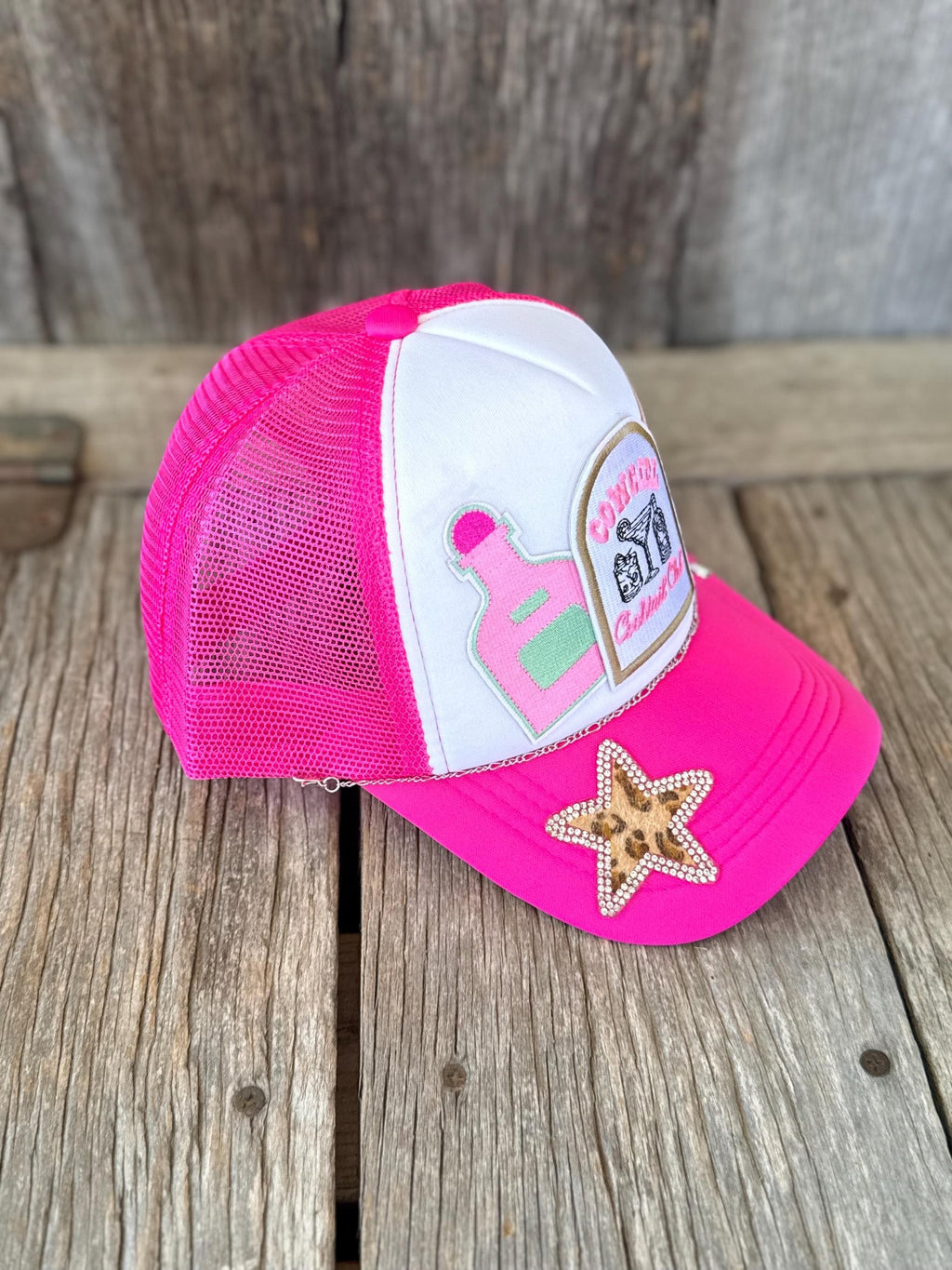 Pink Western Trucker Hat | Cowgirl Cocktail Club, Yee Haw & Tequila Patches | Silver Hat Chain