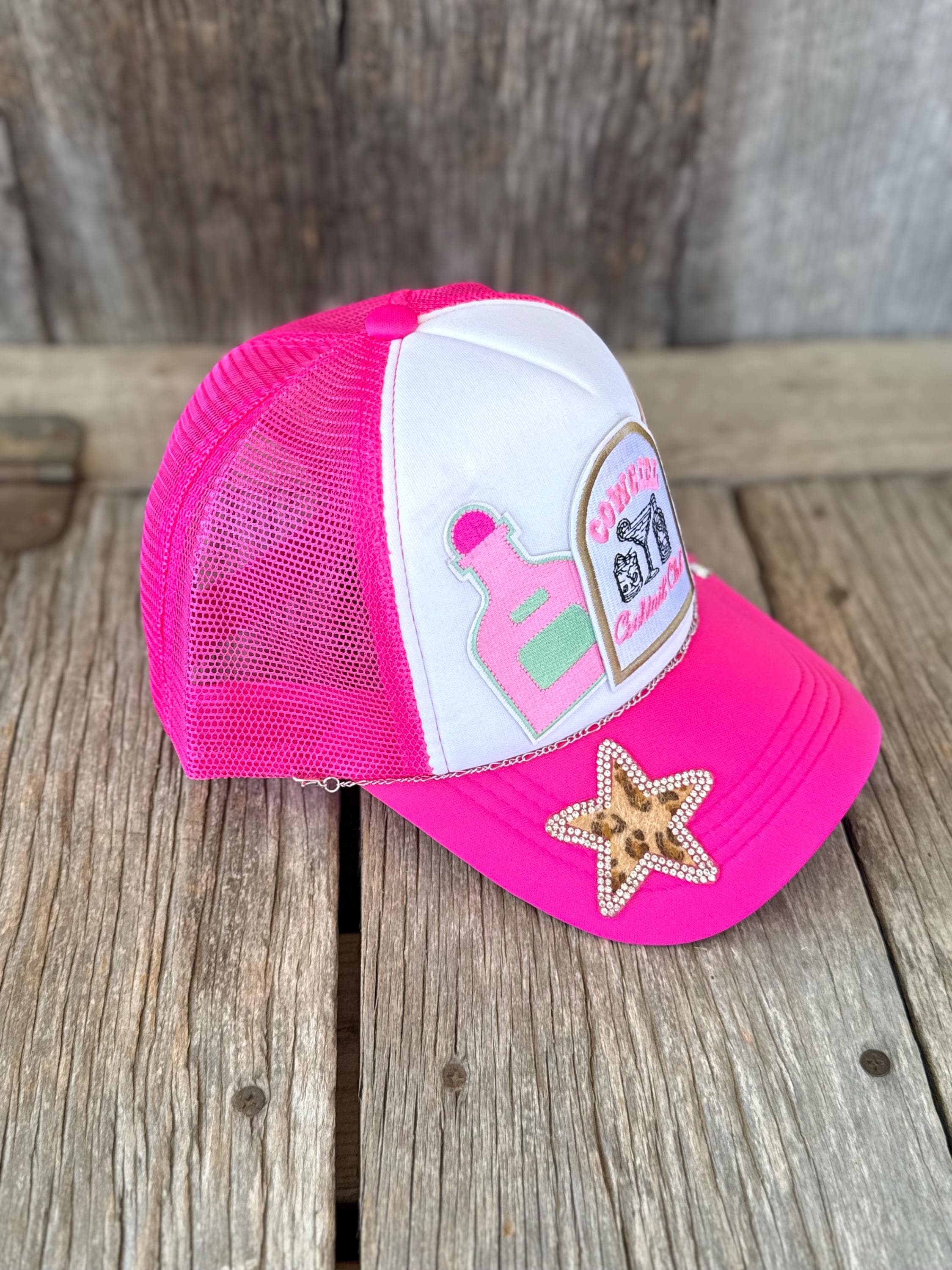 Pink Western Trucker Hat | Cowgirl Cocktail Club, Yee Haw & Tequila Patches | Silver Hat Chain