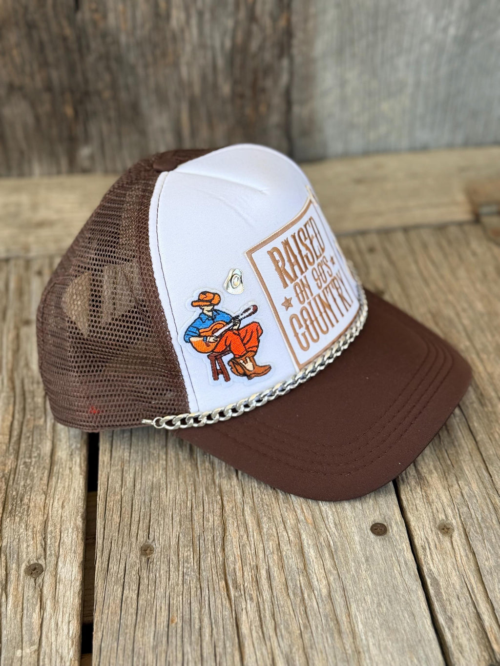Brown Western Trucker Hat | Raised on 90s Country | Guitar Patch, Silver Hat Chain & Hat Pin