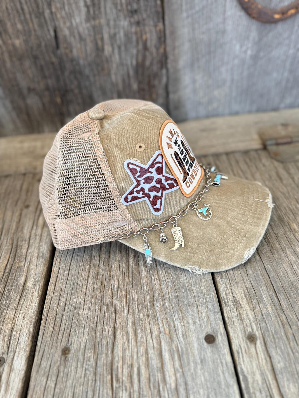 Brown Western Trucker Hat | Bronco Rider & Cow Print Star Patches | Turquoise Charm Hat Chain
