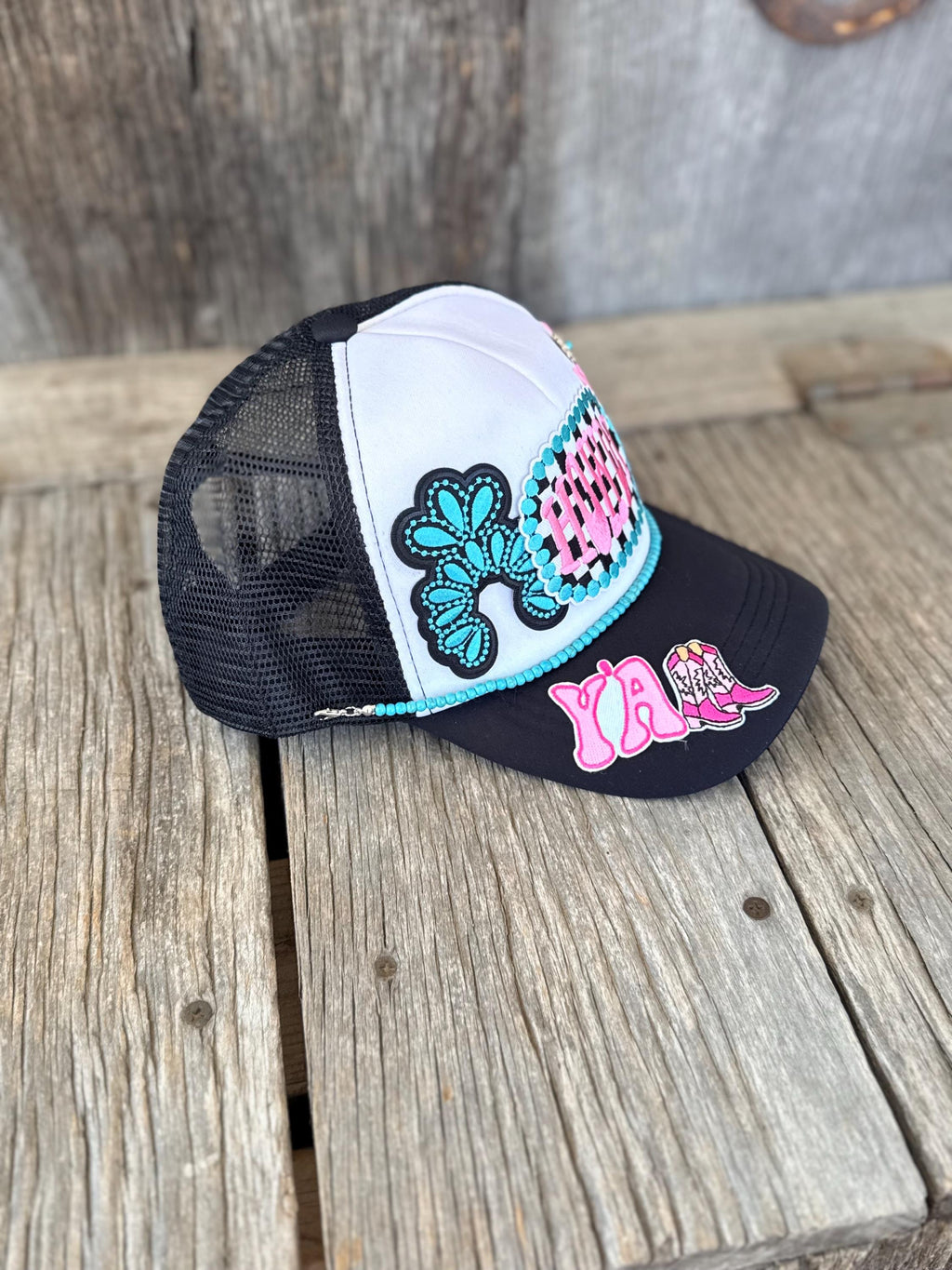 Black "Howdy Y'all" Western Trucker Hat | Pink & Turquoise Patches, Hat Pin & Turquoise Hat Chain | Cowgirl Concert Hat