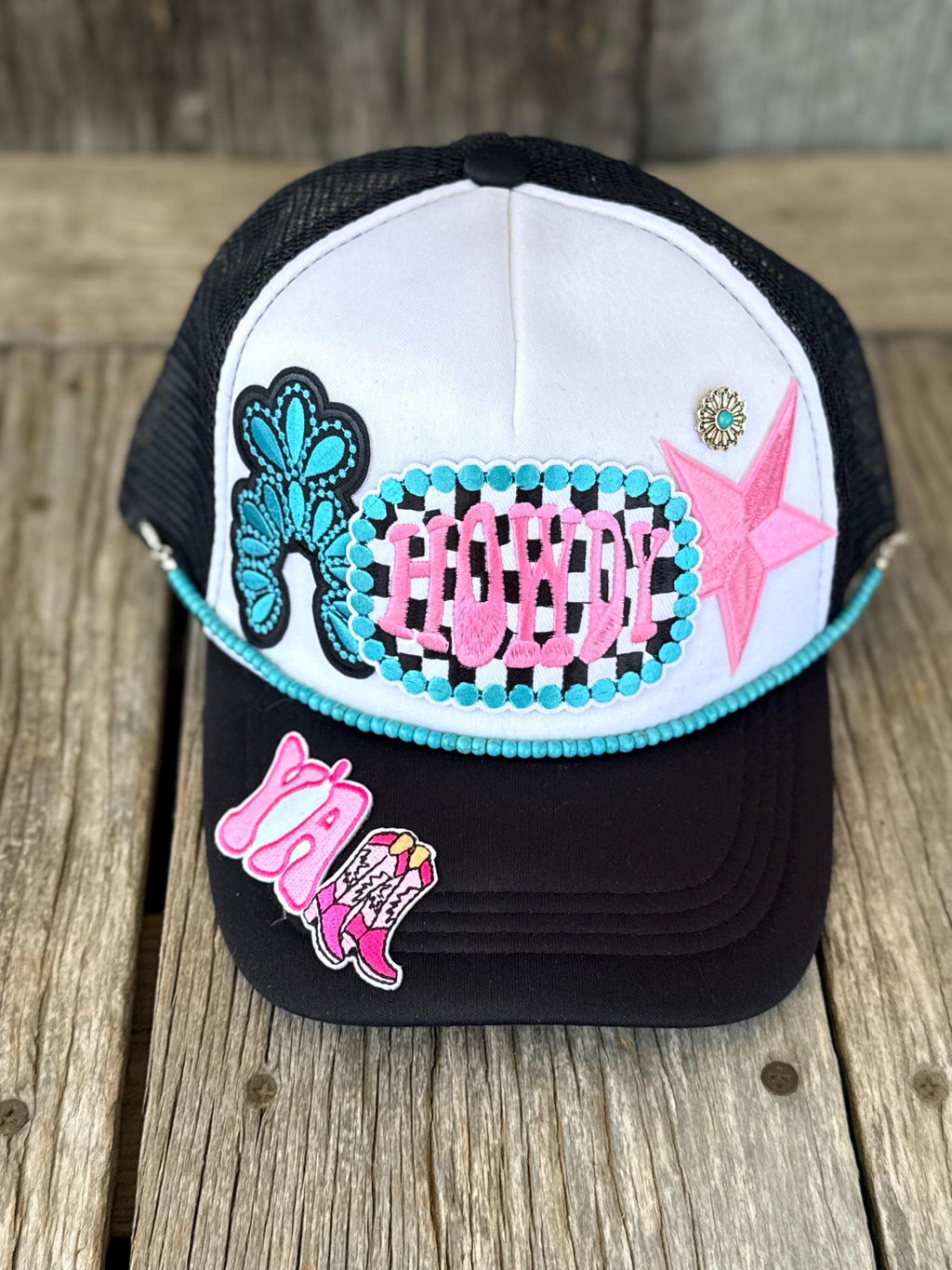 Black "Howdy Y'all" Western Trucker Hat | Pink & Turquoise Patches, Hat Pin & Turquoise Hat Chain | Cowgirl Concert Hat