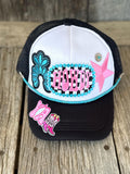 Black "Howdy Y'all" Western Trucker Hat | Pink & Turquoise Patches, Hat Pin & Turquoise Hat Chain | Cowgirl Concert Hat