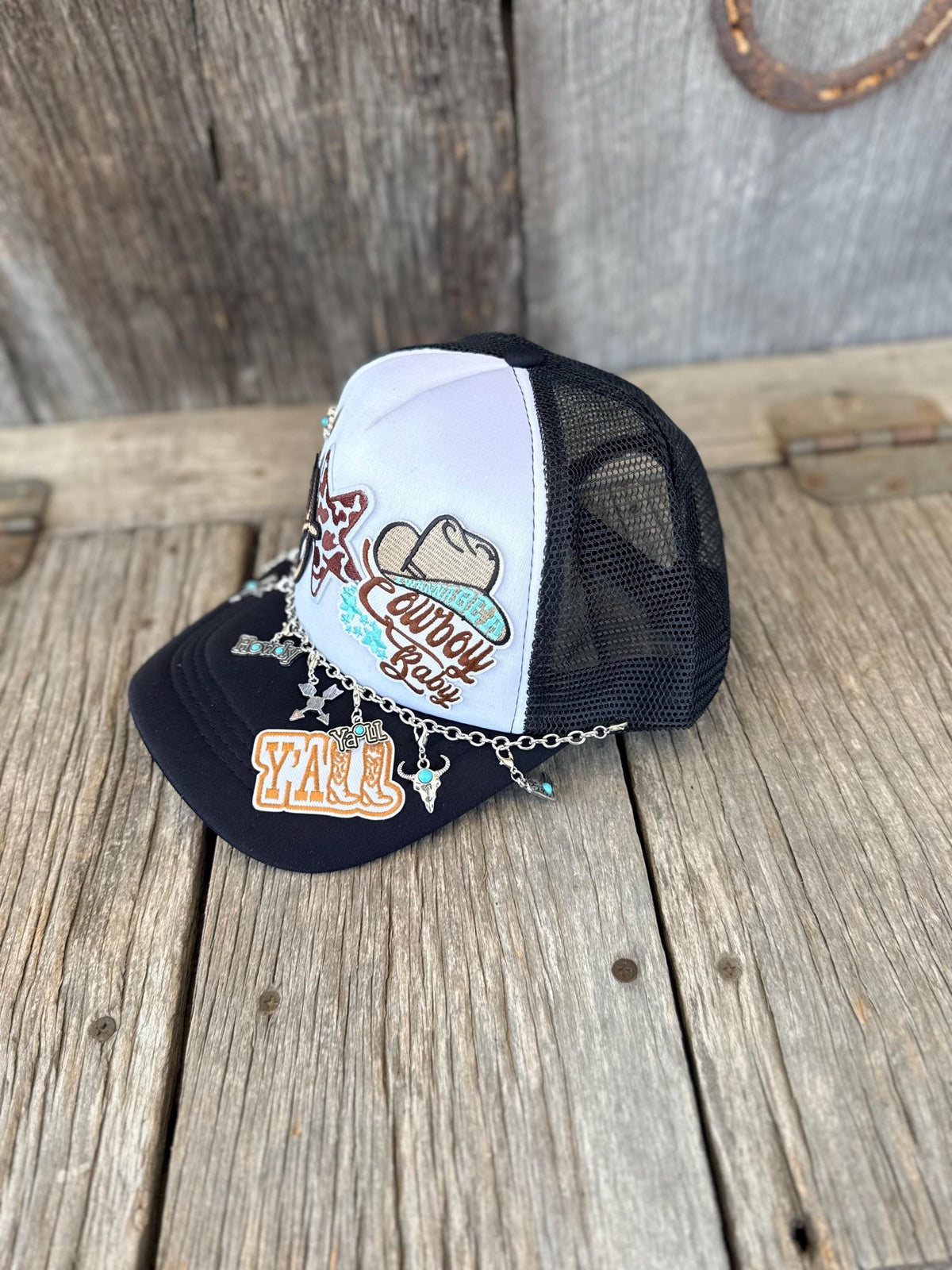 Black Western Trucker Hat | Howdy Y'all & Wannabe a Cowboy Patches | Cow Print Star & Turquoise Charm Chain