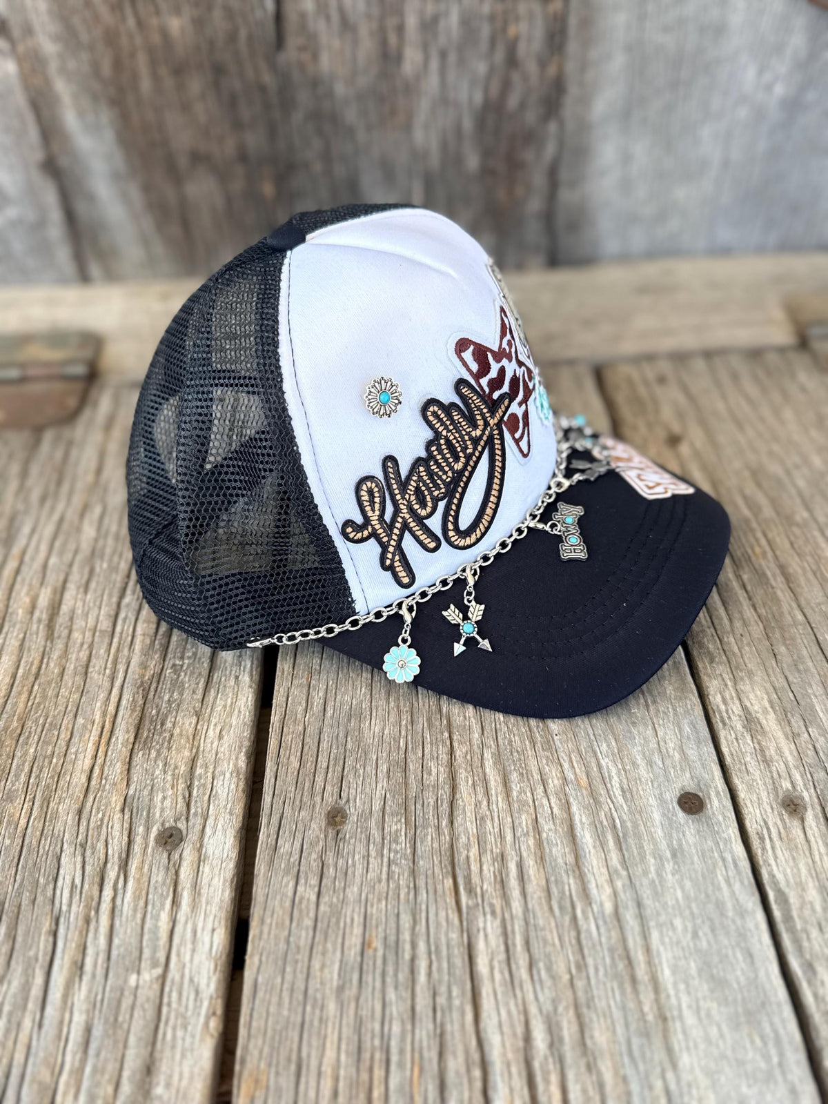 Black Western Trucker Hat | Howdy Y'all & Wannabe a Cowboy Patches | Cow Print Star & Turquoise Charm Chain