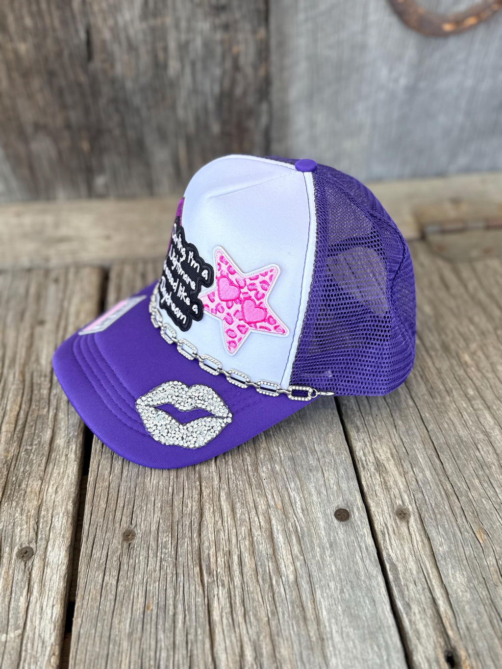 Purple Western Trucker Hat | Glitter Diamond, Cheetah Star & Lips Patches | Crystal Hat Chain