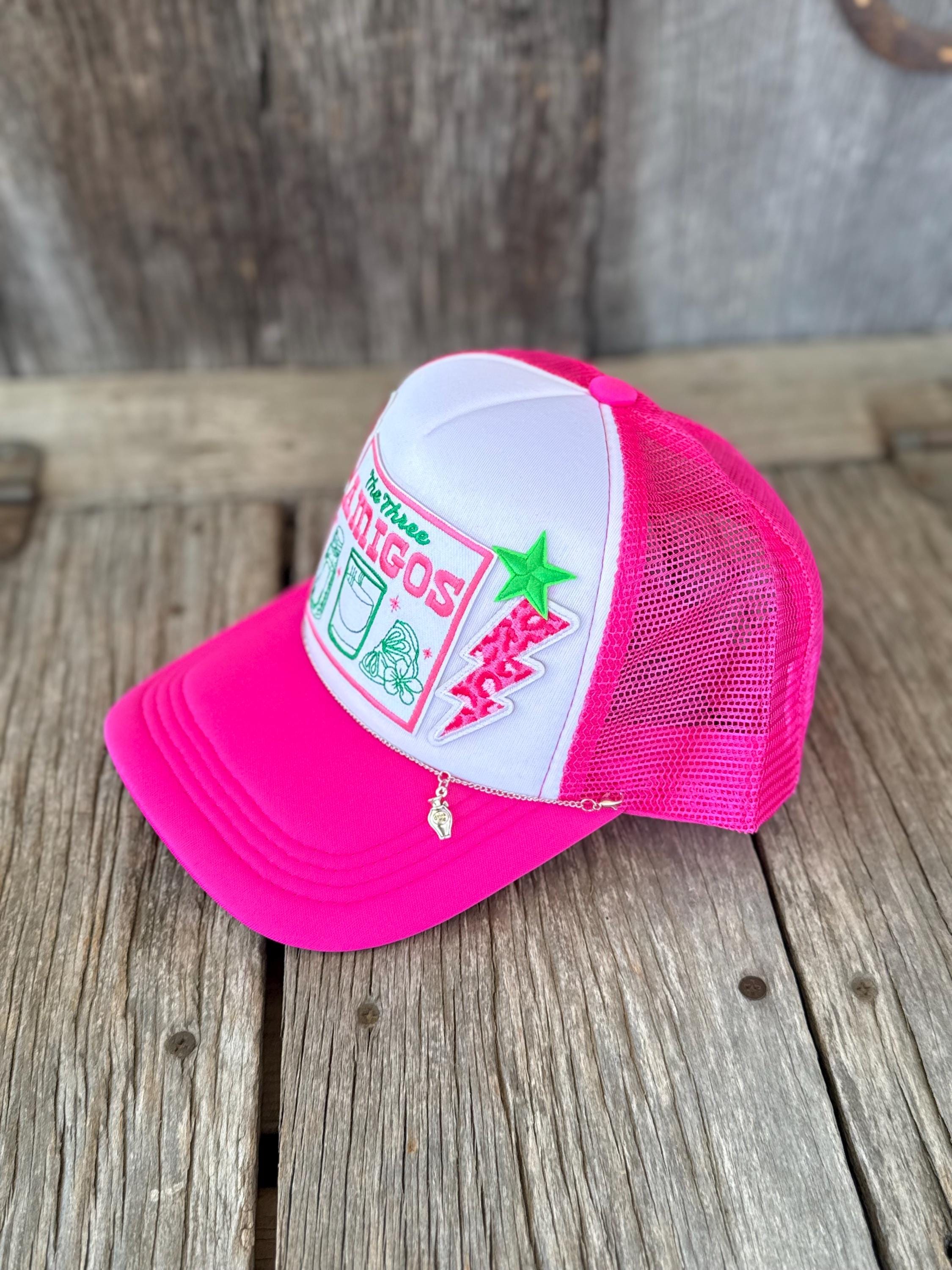 Pink Western Trucker Hat | Tequila Bottle Patches | Silver Hat Chain | Bachelorette Cowgirl Hat