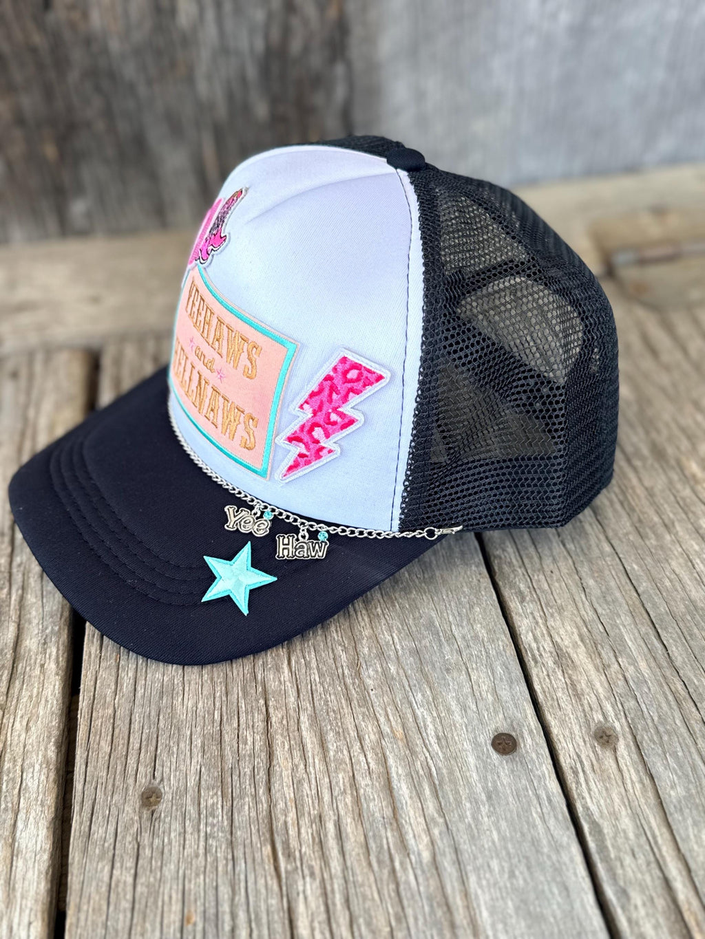 Black Western Trucker Hat | Yee Haws & Hell Naws Patches | Hat Pin & Silver Charm Hat Chain