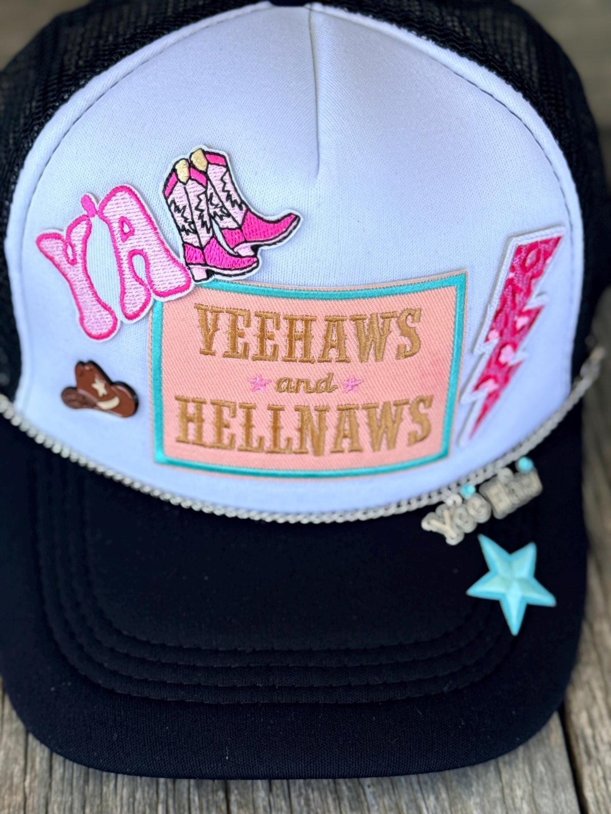 Black Western Trucker Hat | Yee Haws & Hell Naws Patches | Hat Pin & Silver Charm Hat Chain