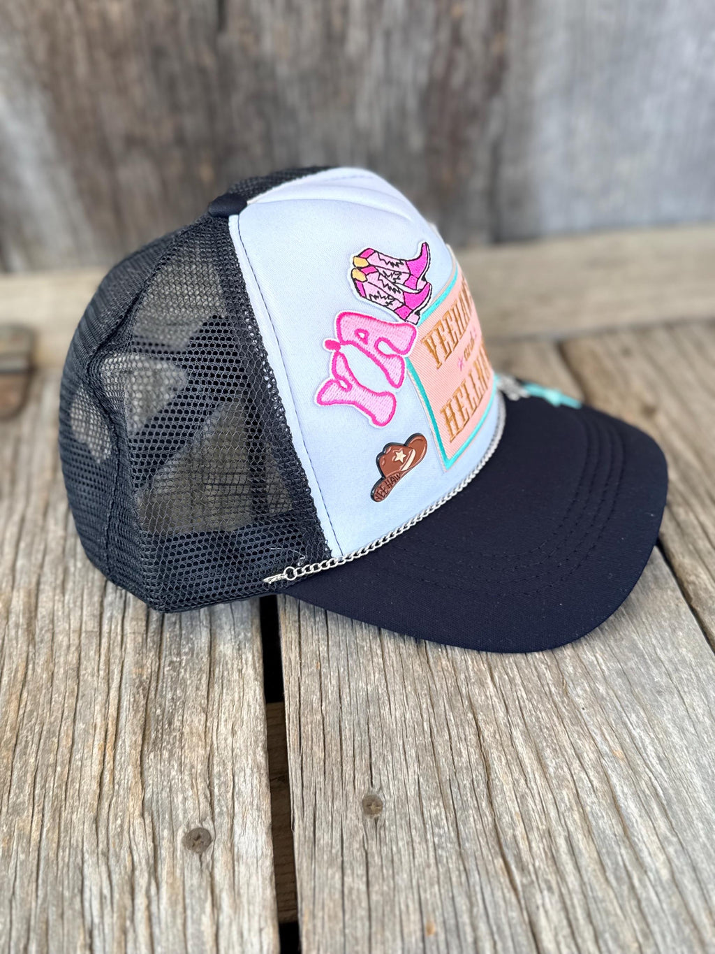 Black Western Trucker Hat | Yee Haws & Hell Naws Patches | Hat Pin & Silver Charm Hat Chain