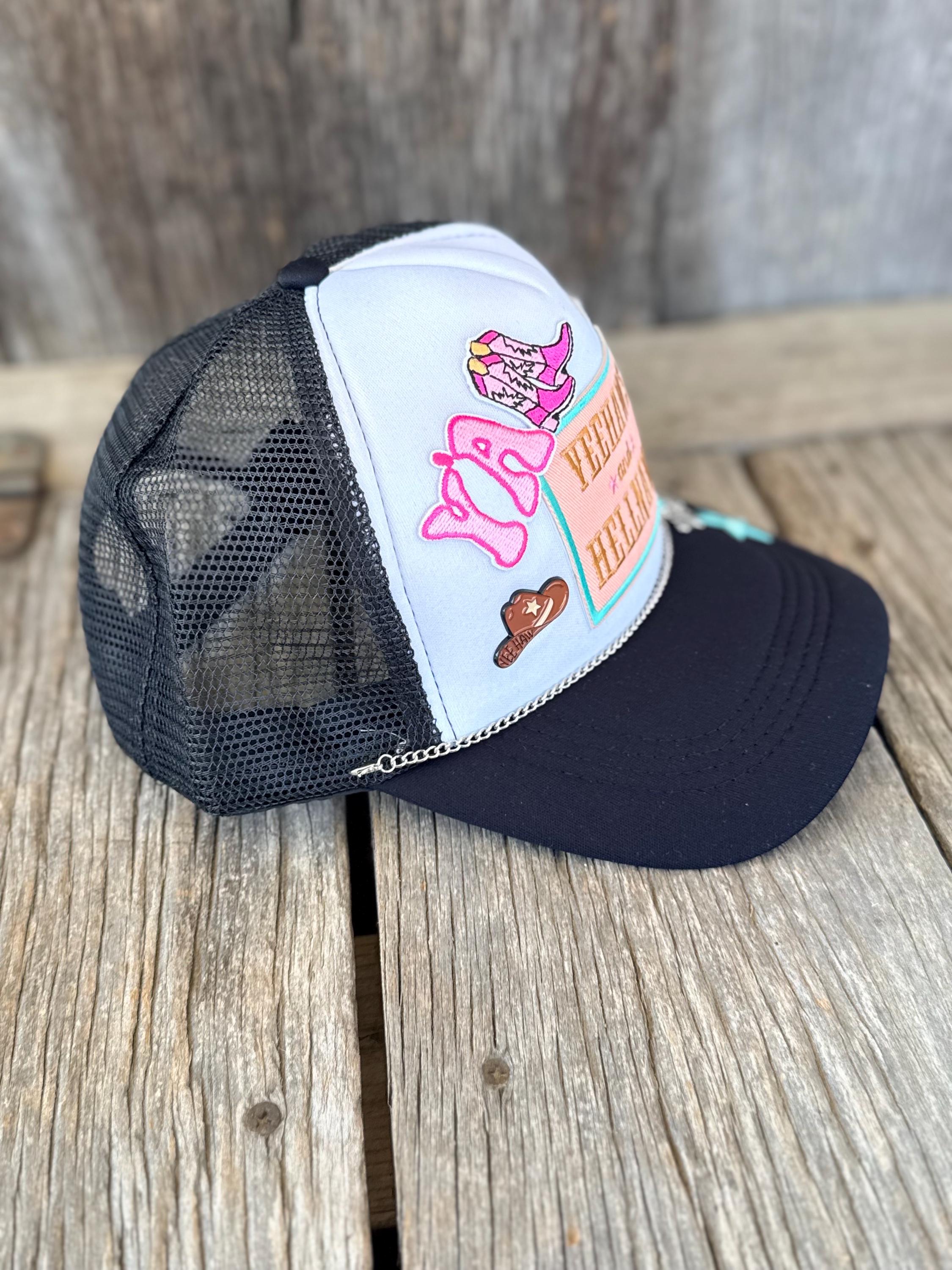 Black Western Trucker Hat | Yee Haws & Hell Naws Patches | Hat Pin & Silver Charm Hat Chain