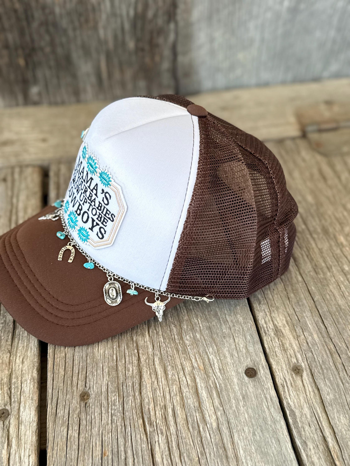 Brown Cowboy Mama Western Trucker Hat | Iron-On Patch, Silver Hat Chain & Western Charms | Country Music Concert Hat