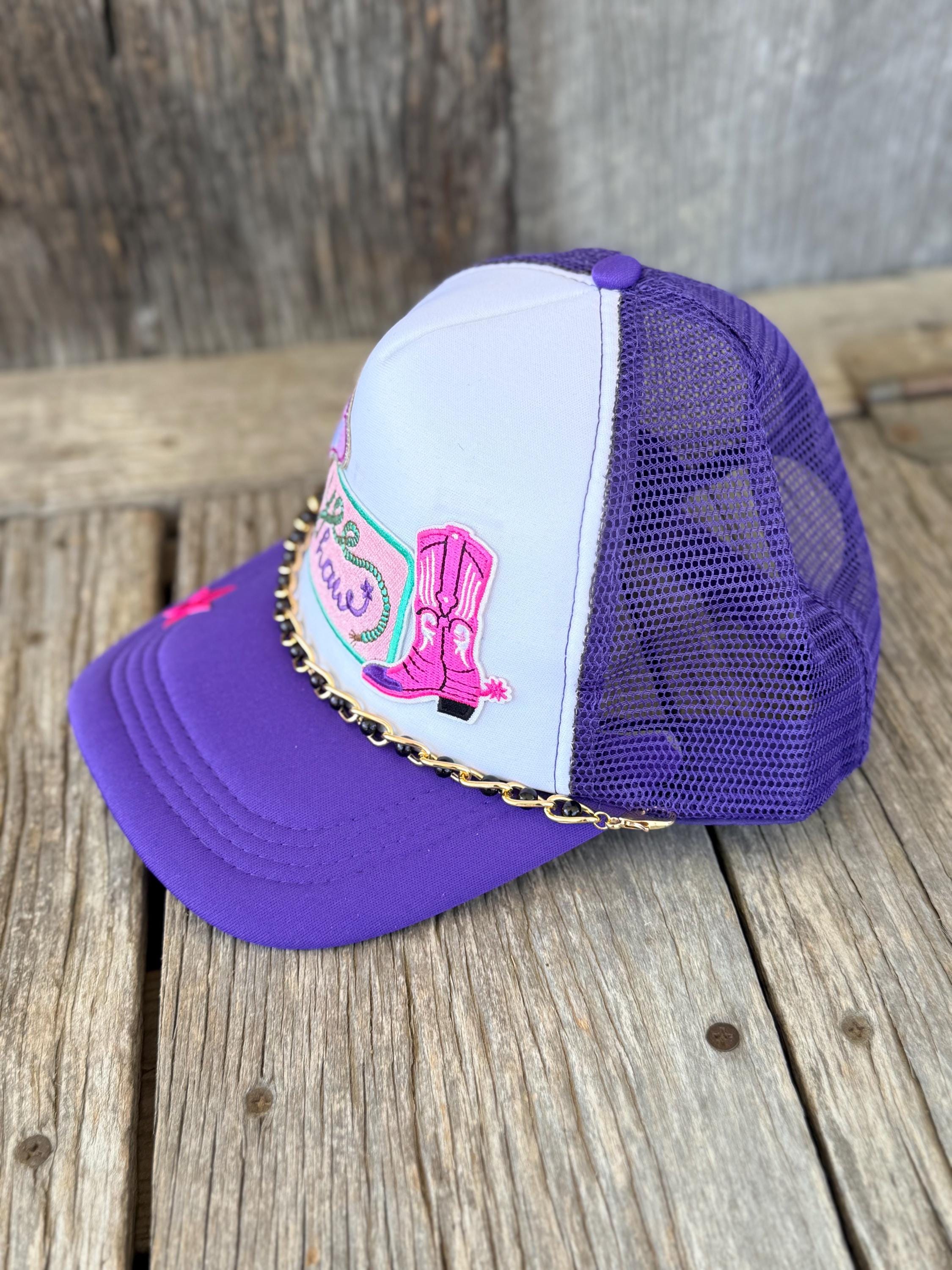 "Yee Haw" & "Howdy" Purple Western Trucker Hat | Gold Hat Chain with Black Accents | Cowgirl Concert Hat