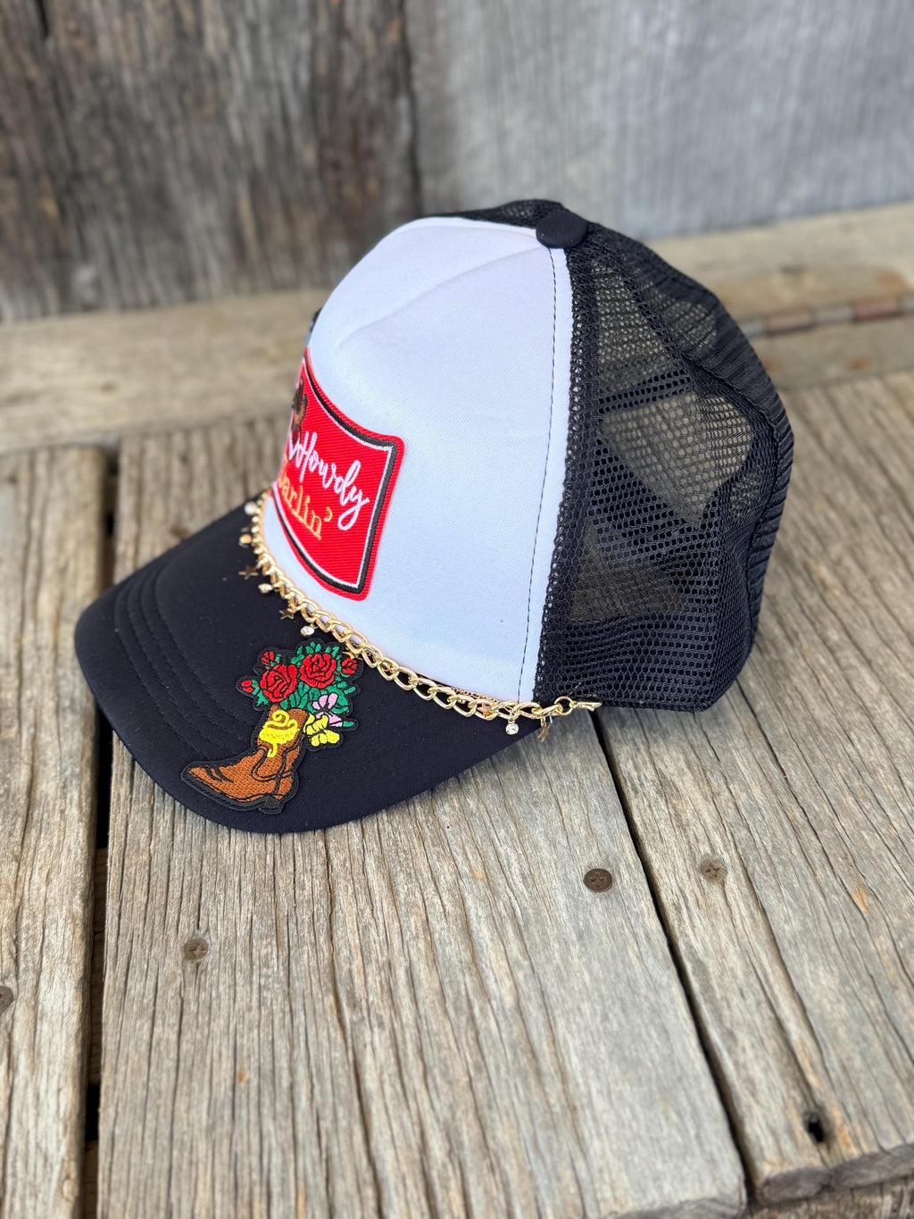 Black Western Trucker Hat | Howdy Darlin' Boots & Floral Patches | Cowboy Boot Hat Pin & Gold Star Hat Chain