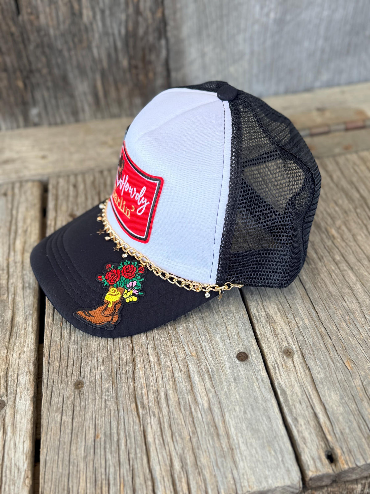 Black Western Trucker Hat | Howdy Darlin' Boots & Floral Patches | Cowboy Boot Hat Pin & Gold Star Hat Chain
