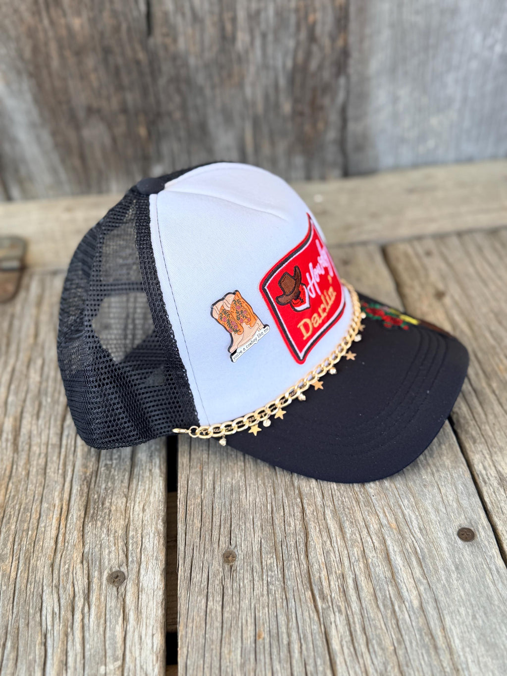 Black Western Trucker Hat | Howdy Darlin' Boots & Floral Patches | Cowboy Boot Hat Pin & Gold Star Hat Chain