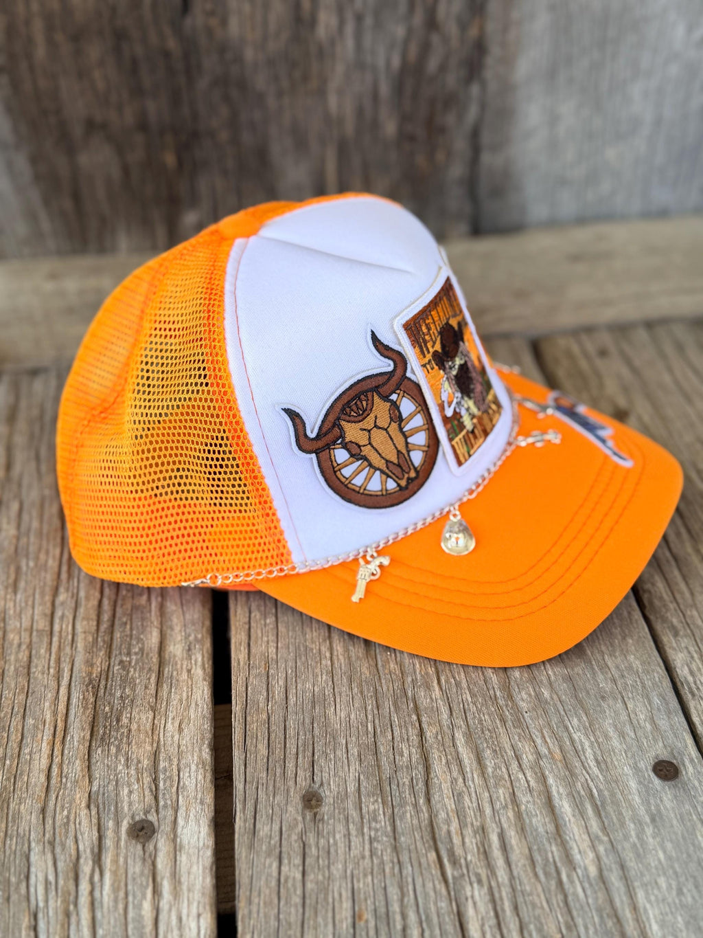 Orange Western Trucker Hat | Wild West Cowgirl, Longhorn & Cactus Patches | Silver Charm Hat Chain