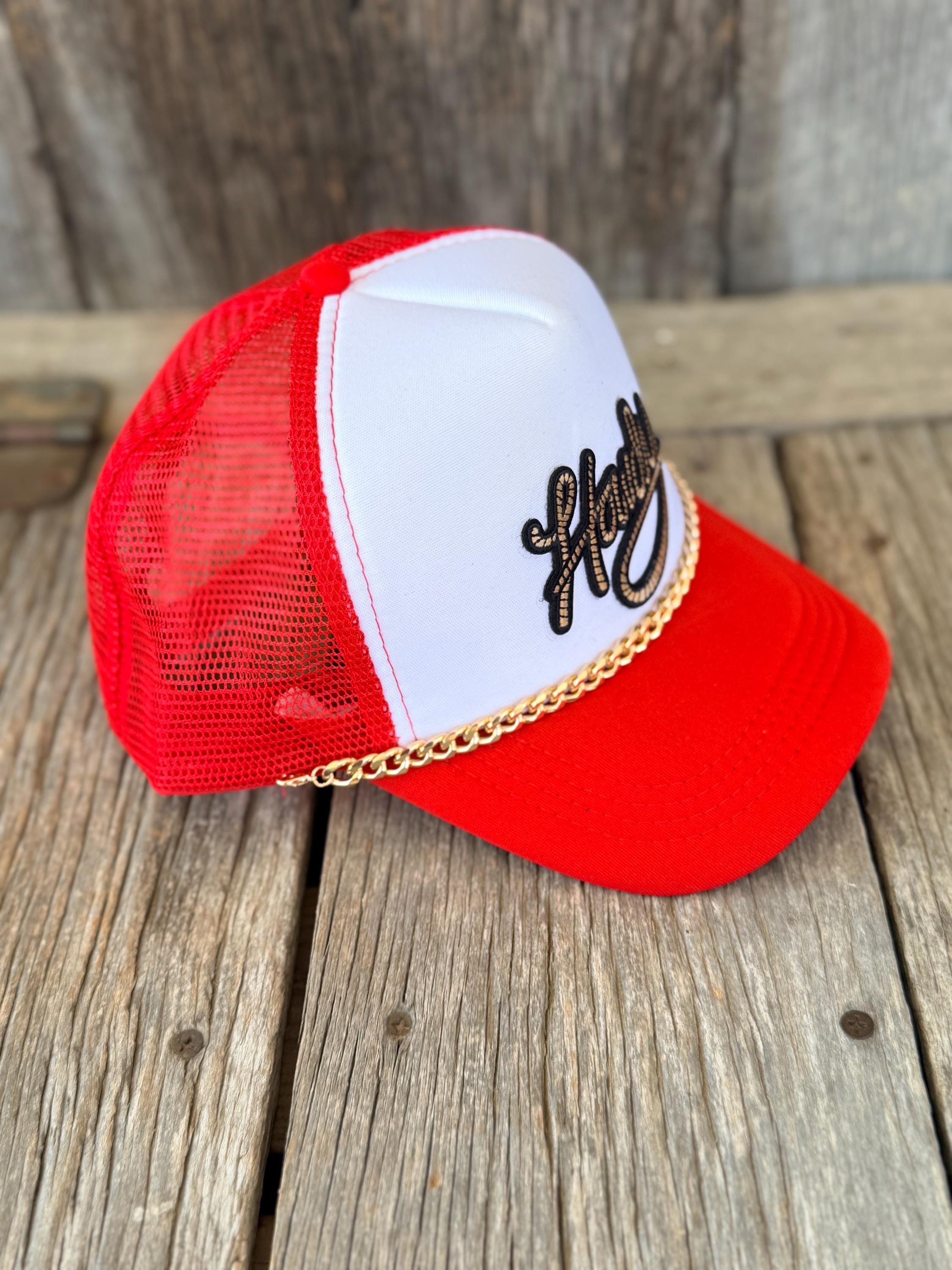 Red Howdy Western Trucker Hat | Rope Patch & Gold Hat Chain | Cowgirl Concert Hat