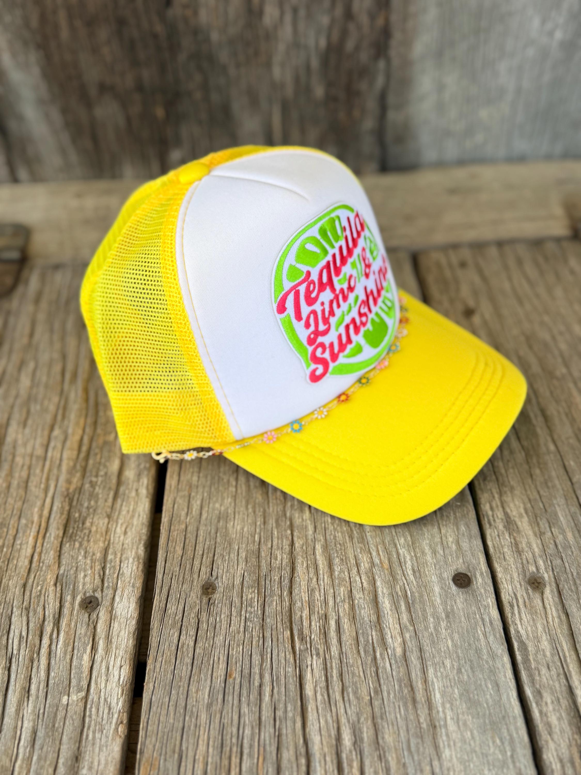 "Tequila, Lime & Sunshine" Yellow Western Trucker Hat | Iron-On Patches & Flower Hat Chain | Summer Cowgirl Hat