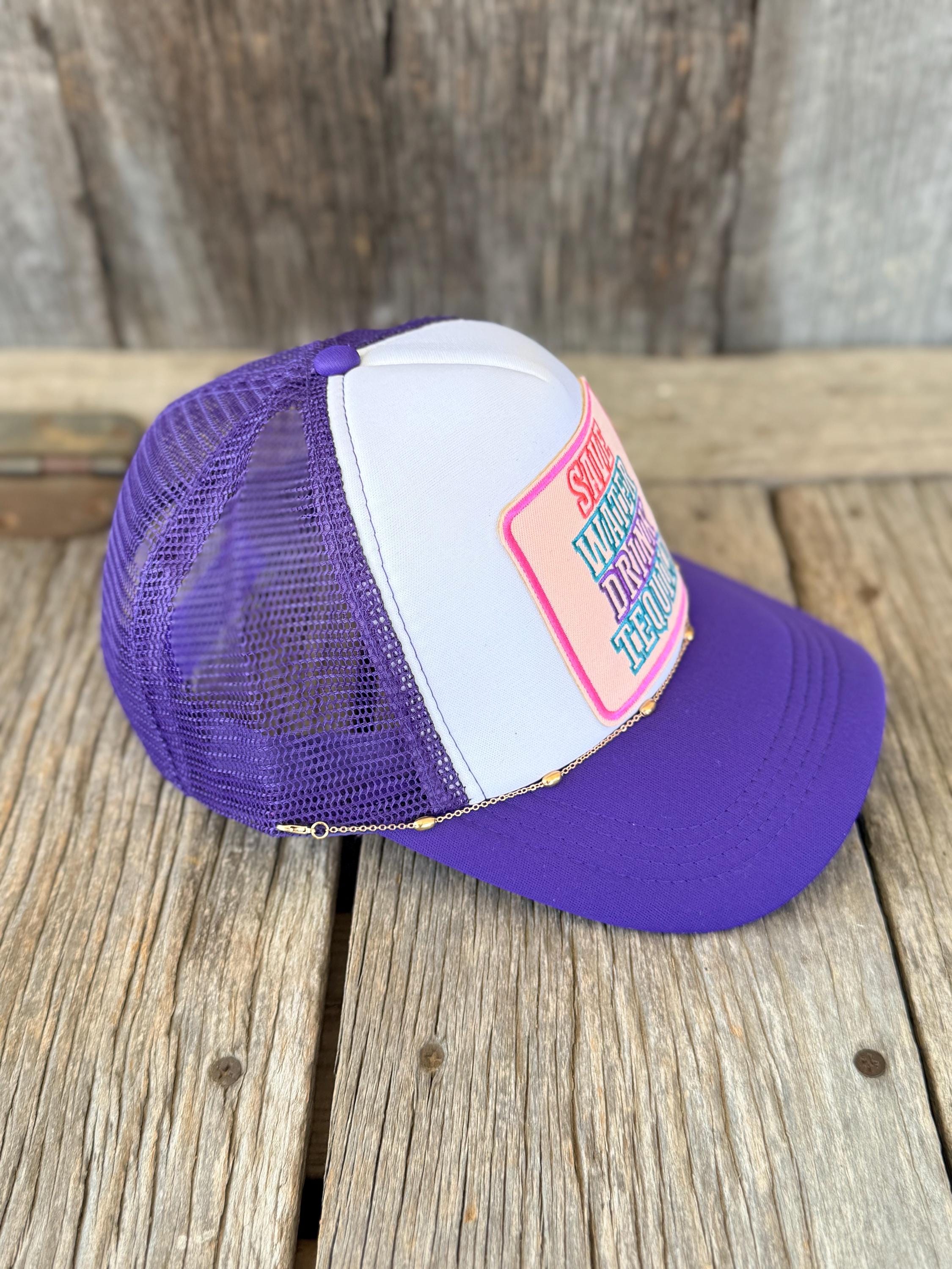 Purple Western Trucker Hat | Save Water Drink Tequila Patch & Gold Hat Chain