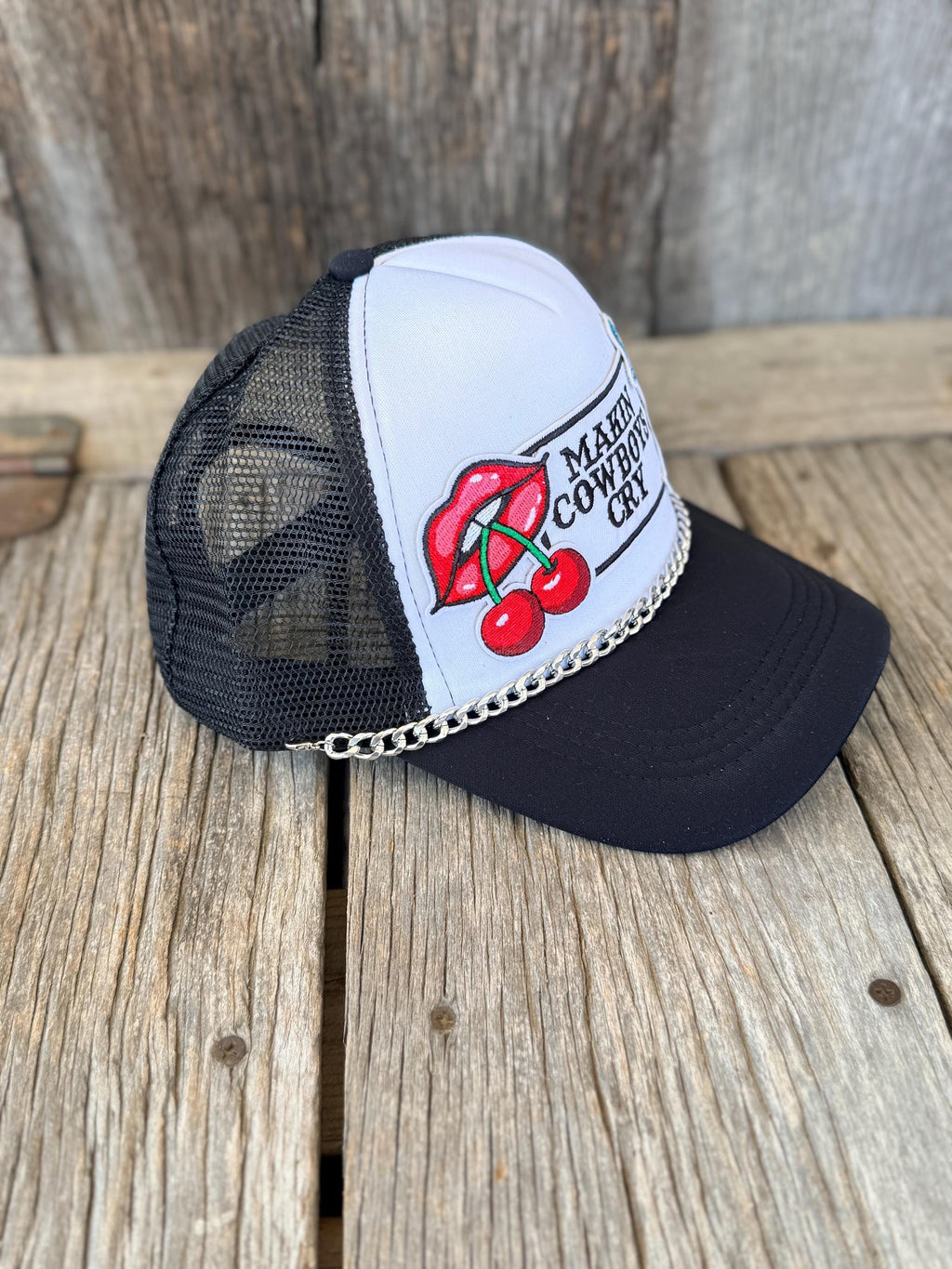 Black Western Trucker Hat | Lips & Cherries Patches | Silver Hat Chain | Flirty Cowgirl Hat