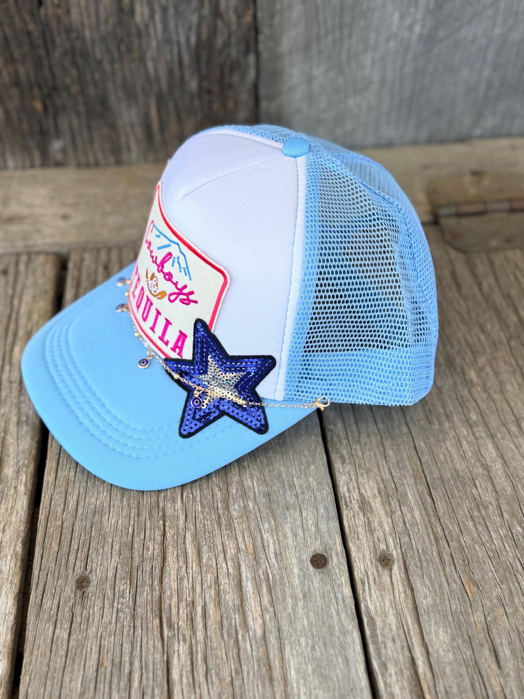 Blue Western Trucker Hat | Tequila Bottle & Sequin Star Patches | Gold Hat Chain