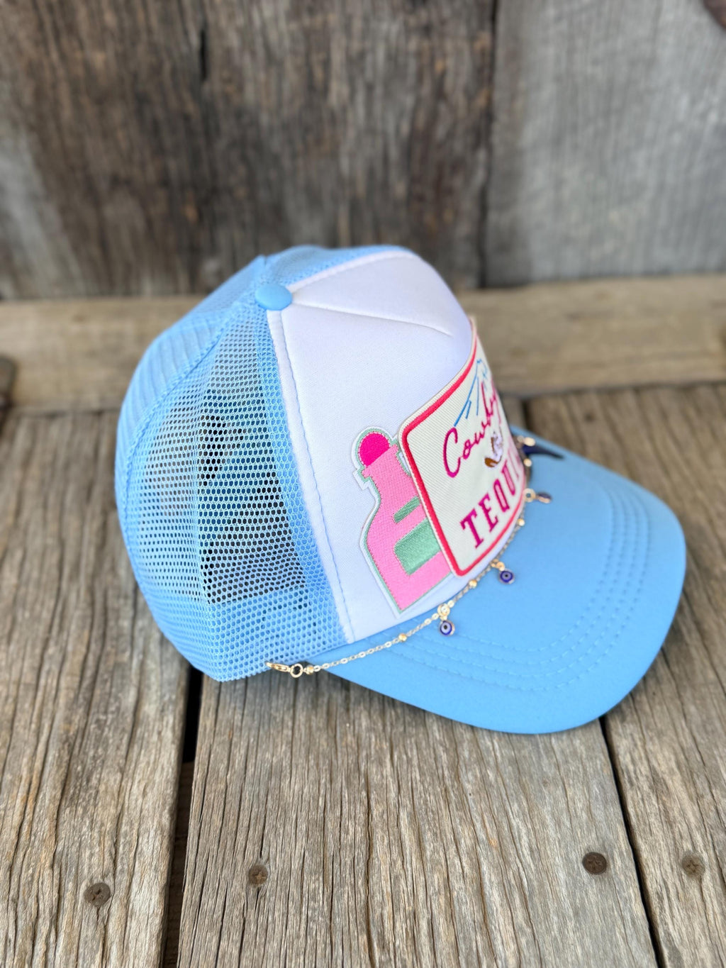 Blue Western Trucker Hat | Tequila Bottle & Sequin Star Patches | Gold Hat Chain
