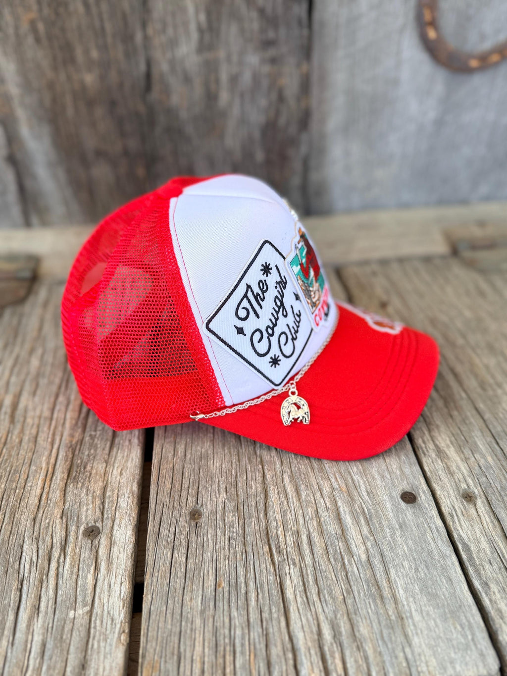 Red Western Trucker Hat – Cowgirl Patch & Silver Hat Chain | Rodeo Country Style