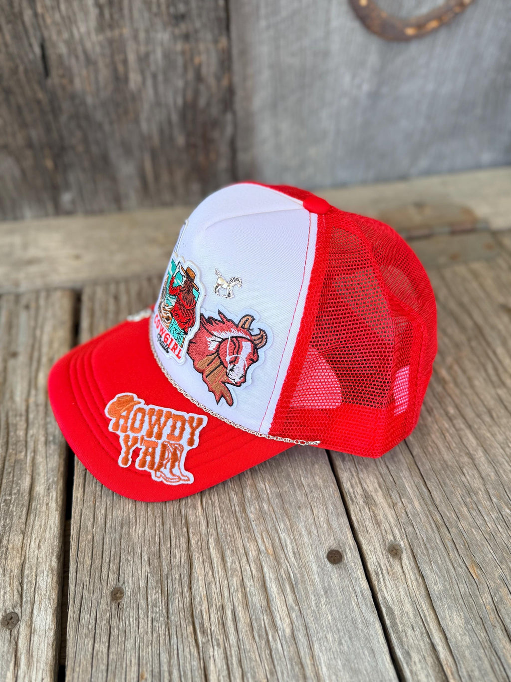 Red Western Trucker Hat – Cowgirl Patch & Silver Hat Chain | Rodeo Country Style