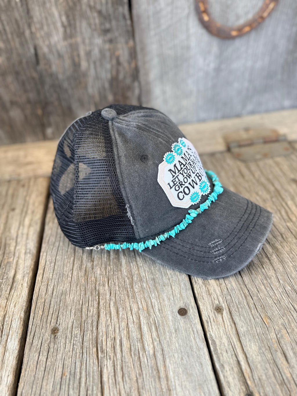 Distressed Black Cowboy Mama Ponytail Trucker Hat | Iron-On Patches & Turquoise Stone Hat Chain | Western Cowgirl Cap
