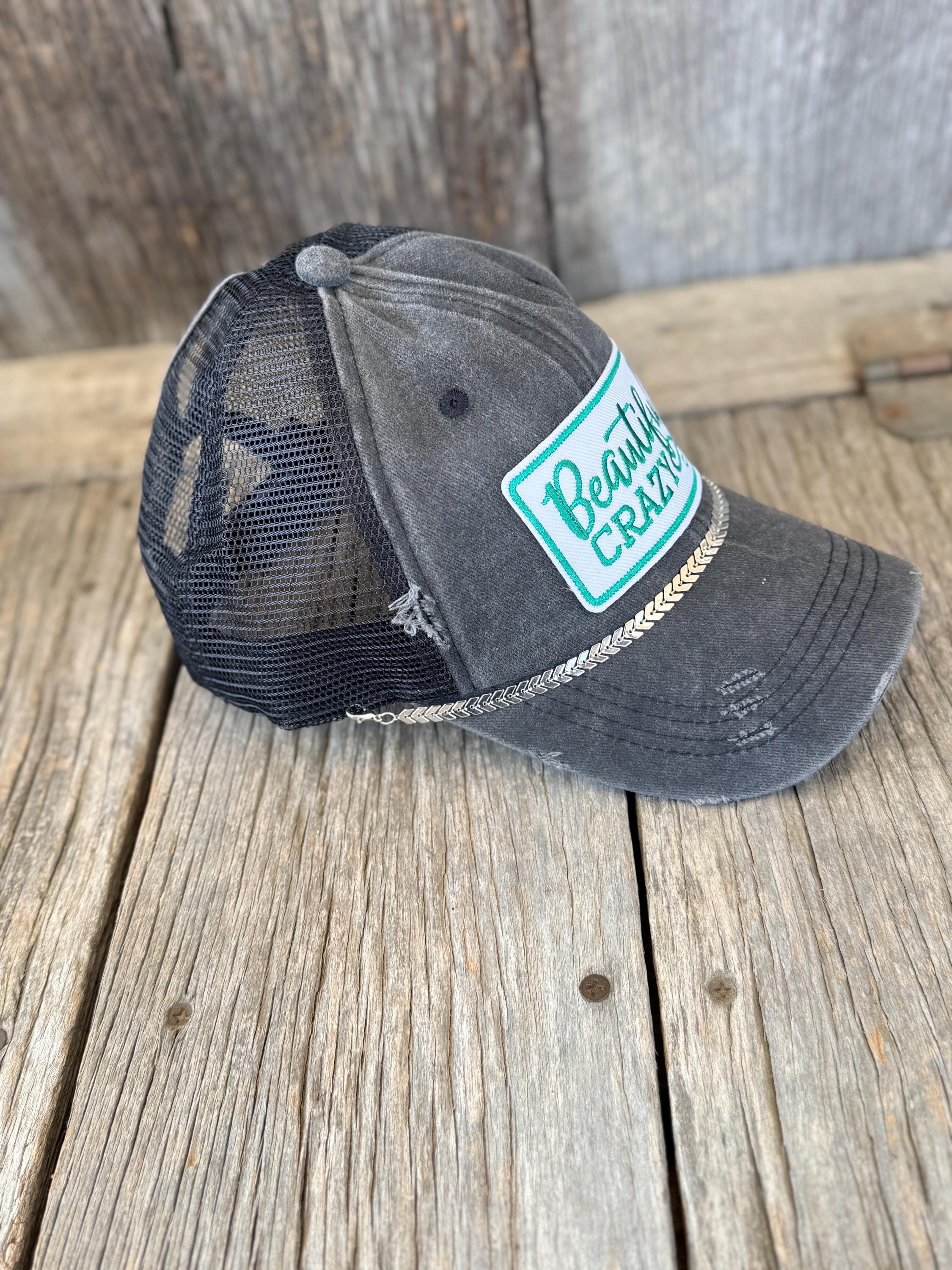 Crazy & Beautiful Distressed Black Ponytail Trucker Hat | Western Iron-On Patches & Silver Hat Chain