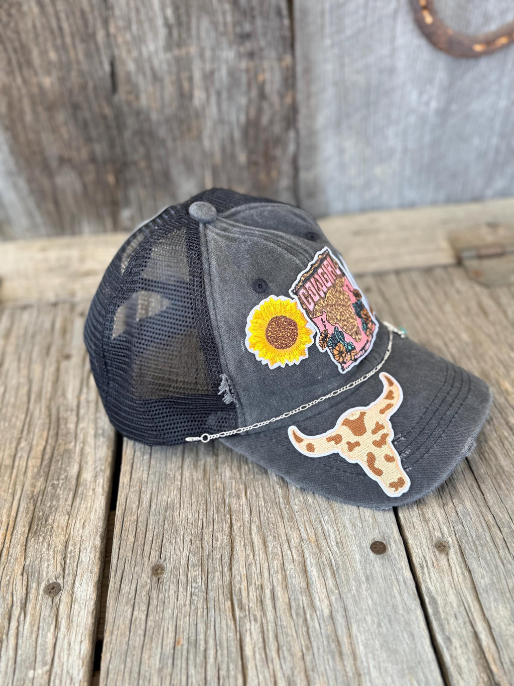 Distressed Black Desert Cowgirl Ponytail Trucker Hat | Cactus, Longhorn Steer & Sunflower Patches | Silver Longhorn Hat Chain