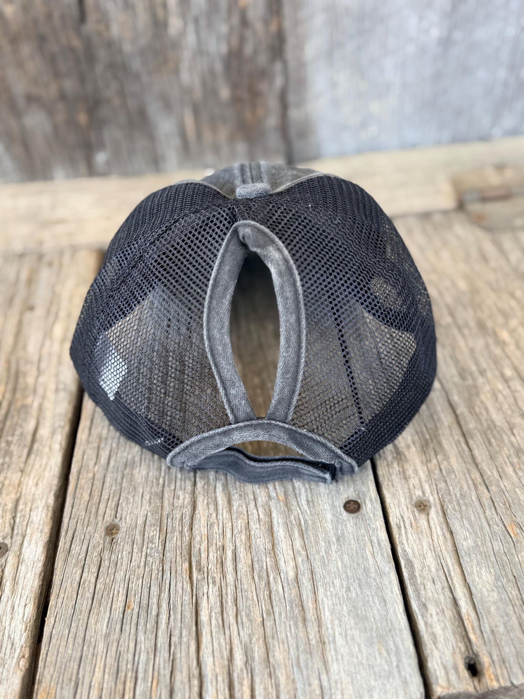 Distressed Black Desert Cowgirl Ponytail Trucker Hat | Cactus, Longhorn Steer & Sunflower Patches | Silver Longhorn Hat Chain