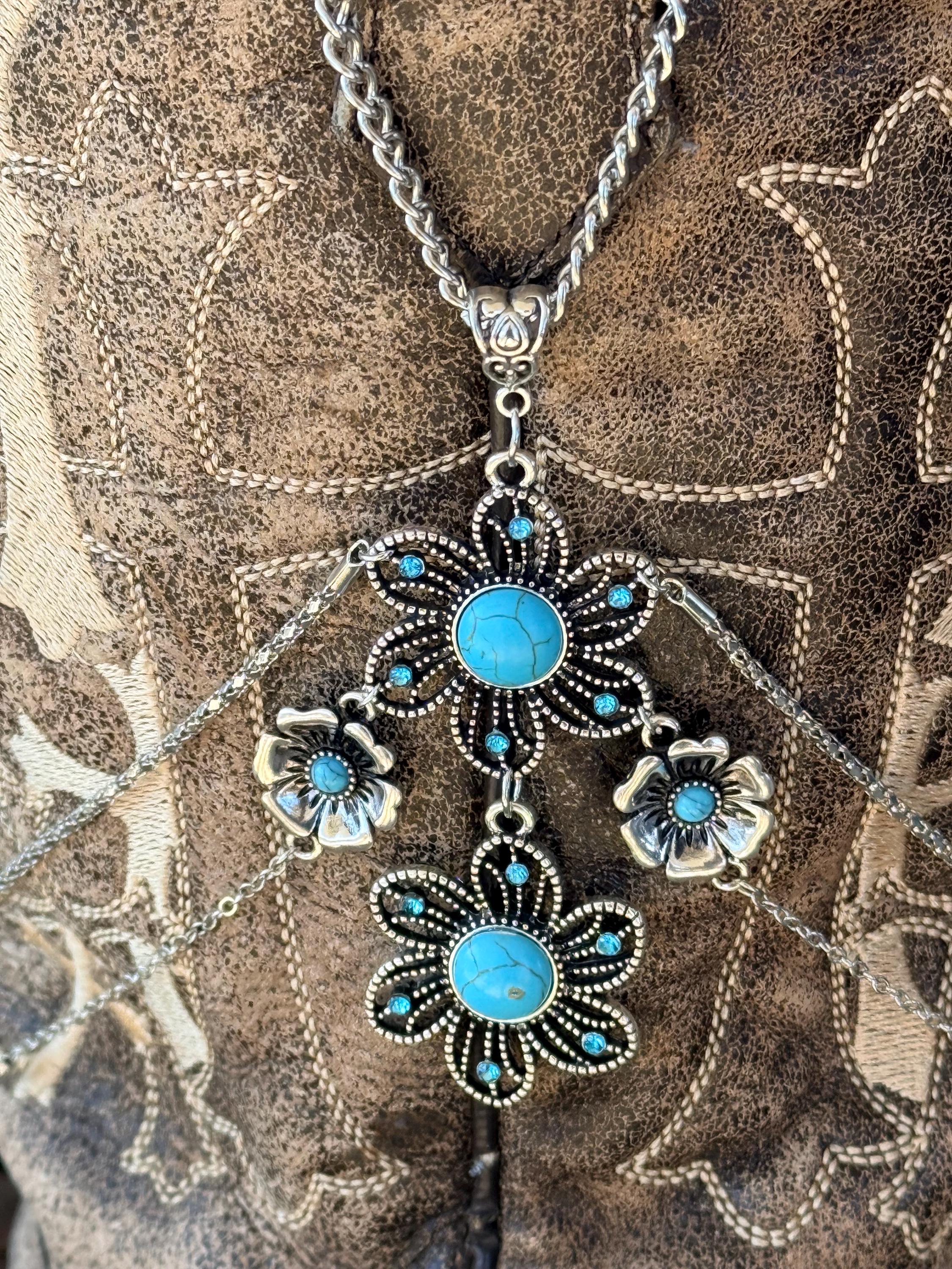 Macro close-up of silver and turquoise stone flower charm cluster boot bracelet pendant featuring two large daisy flowers with turquoise cabochon centers and four smaller accent flowers