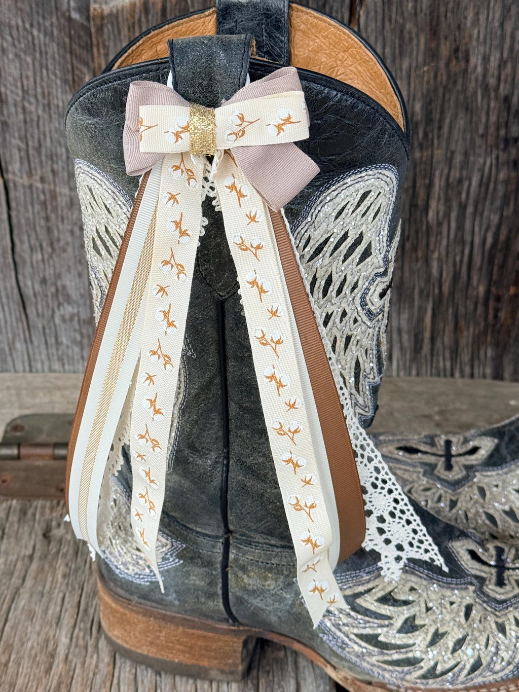 Western Boot Bows - White Cotton Print with Gold & Brown Ribbon