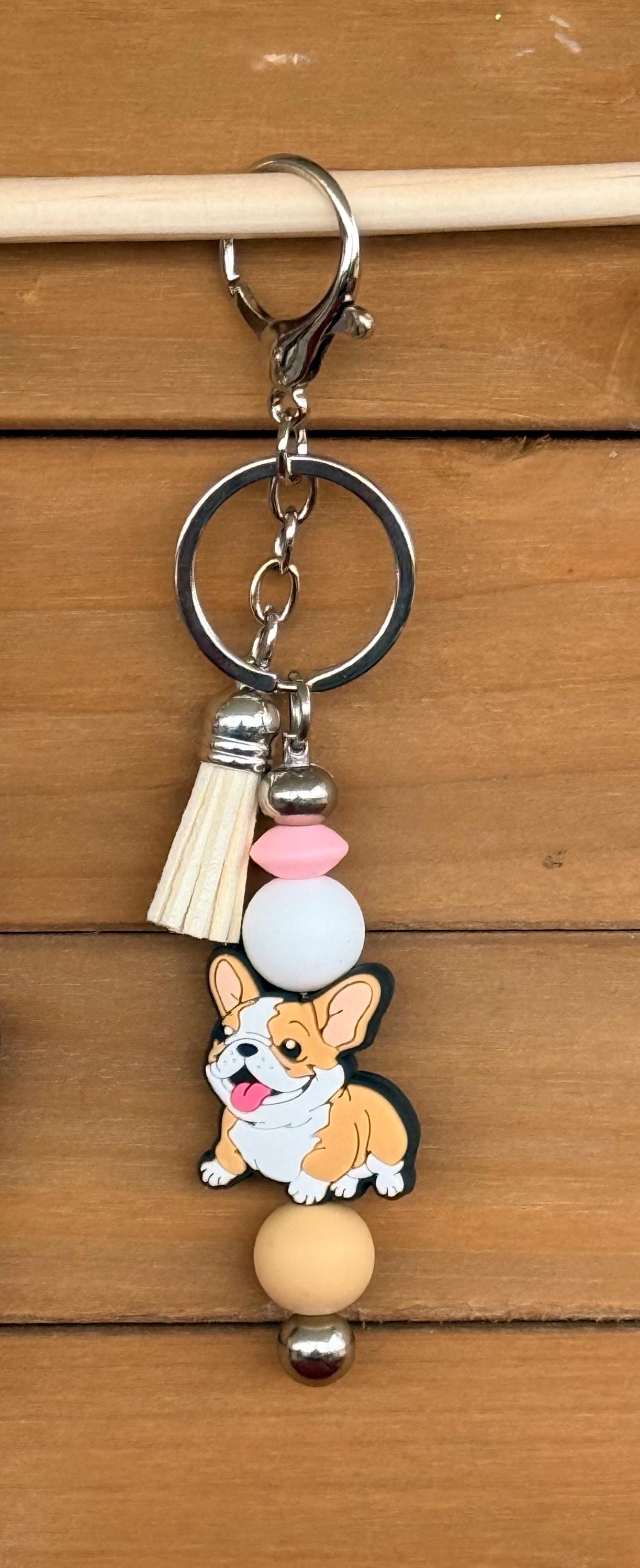 French Bulldog Silicone Beaded Keychain with Leather Tassel | Black, Tan & Frenchie Head Designs