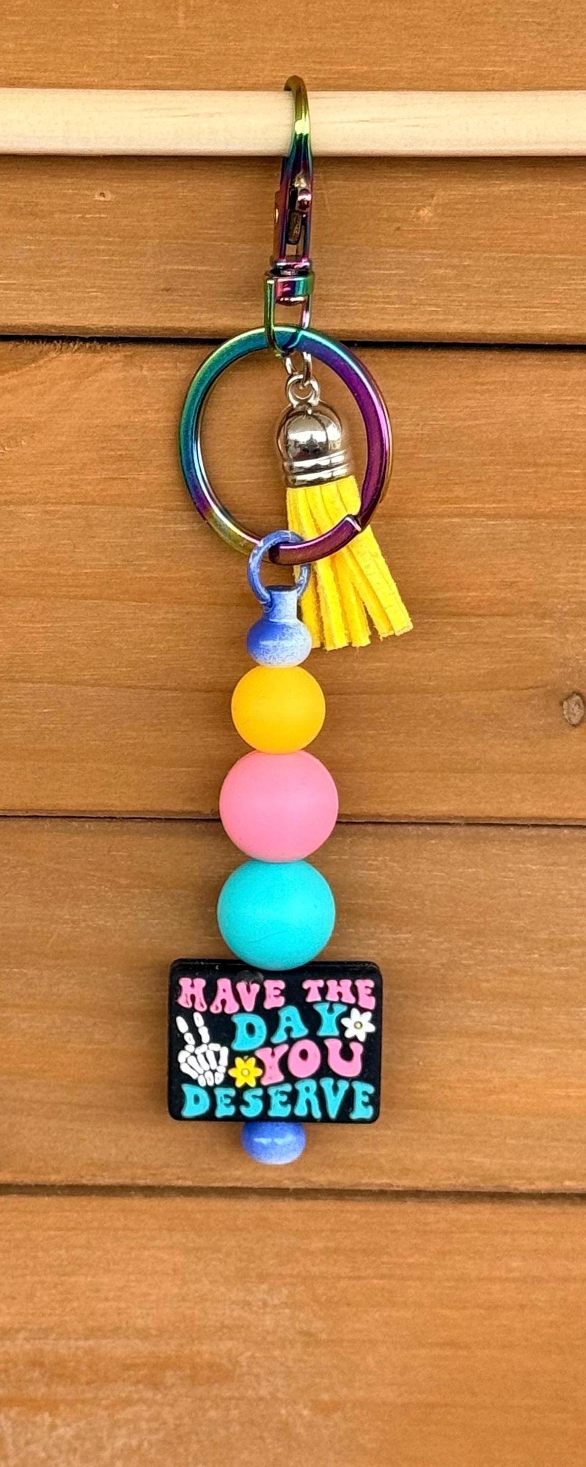 Skeleton Hand Peace Sign Silicone Beaded Keychain with Leather Tassel - "Have the Day You Deserve"