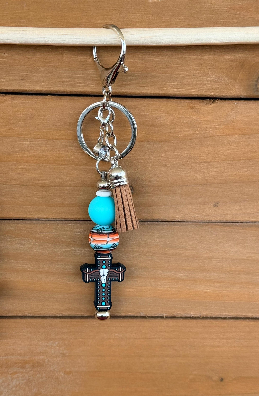Western Longhorn Steer Skull Silicone Beaded Keychain | Turquoise Aztec & Cross Designs