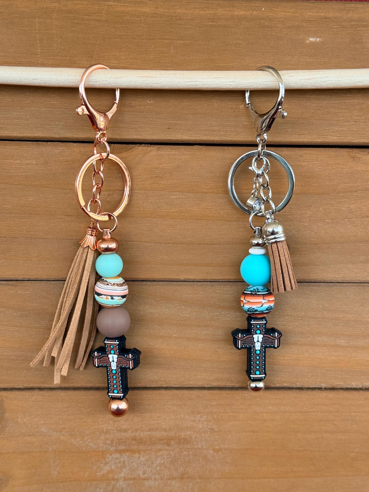 Western Longhorn Steer Skull Silicone Beaded Keychain | Turquoise Aztec & Cross Designs
