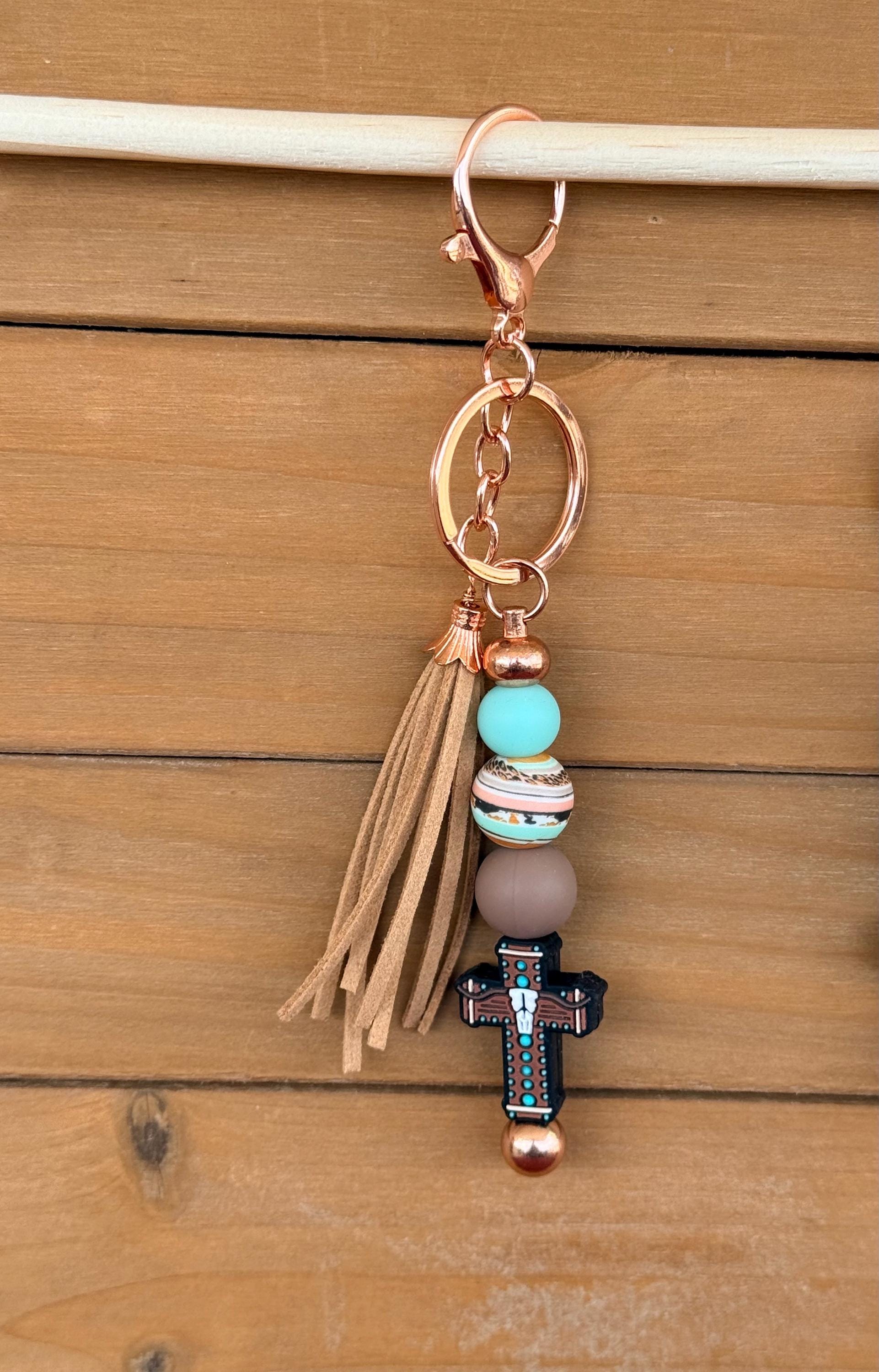 Western Longhorn Steer Skull Silicone Beaded Keychain | Turquoise Aztec & Cross Designs