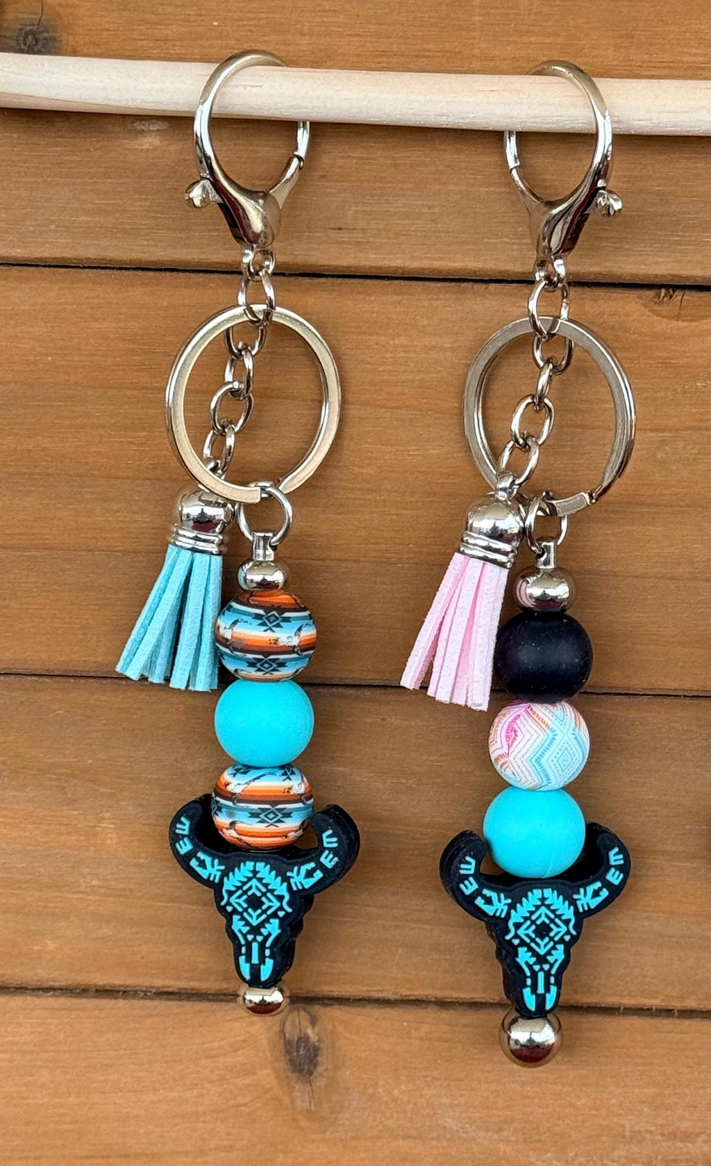 Western Longhorn Steer Skull Silicone Beaded Keychain | Turquoise Aztec & Cross Designs