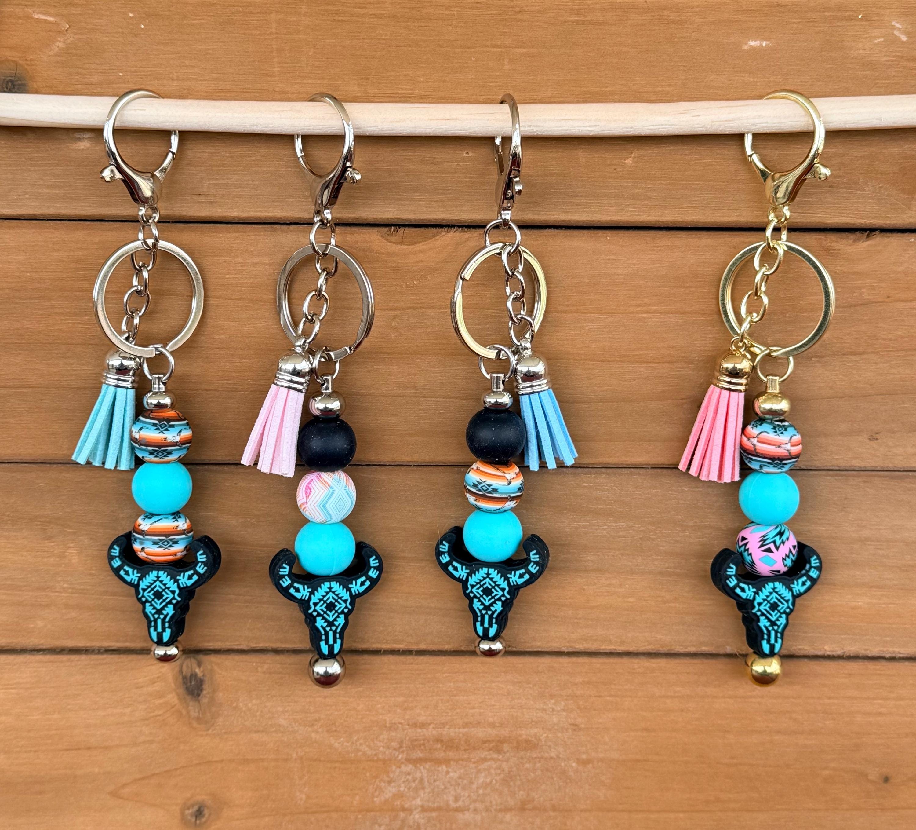 Western Longhorn Steer Skull Silicone Beaded Keychain | Turquoise Aztec & Cross Designs