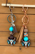 Western Longhorn Steer Skull Silicone Beaded Keychain with Leather Tassel