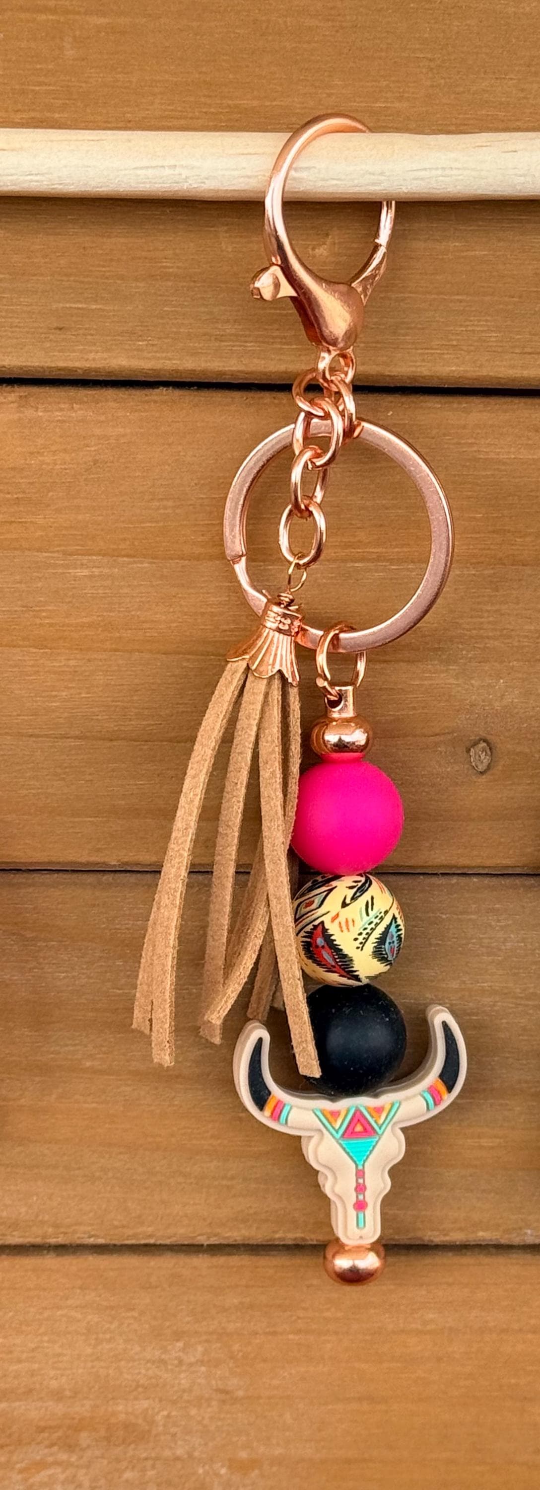 Western Longhorn Steer Skull Silicone Beaded Keychain with Leather Tassel