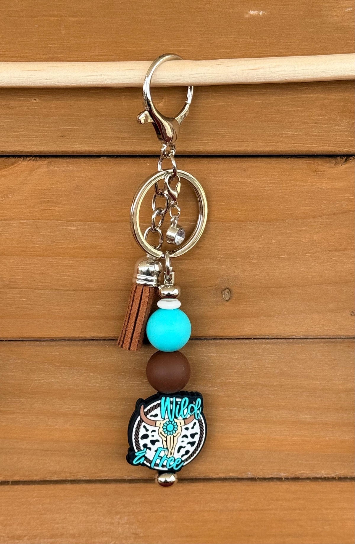 Western Longhorn Steer Skull Silicone Beaded Keychain with Leather Tassel