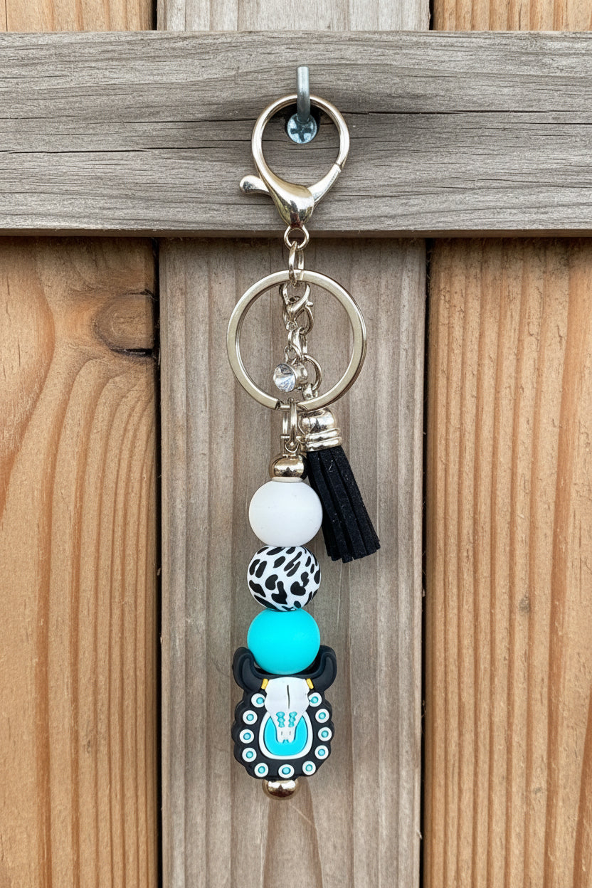 Western Longhorn Steer Skull Silicone Beaded Keychain with Leather Tassel