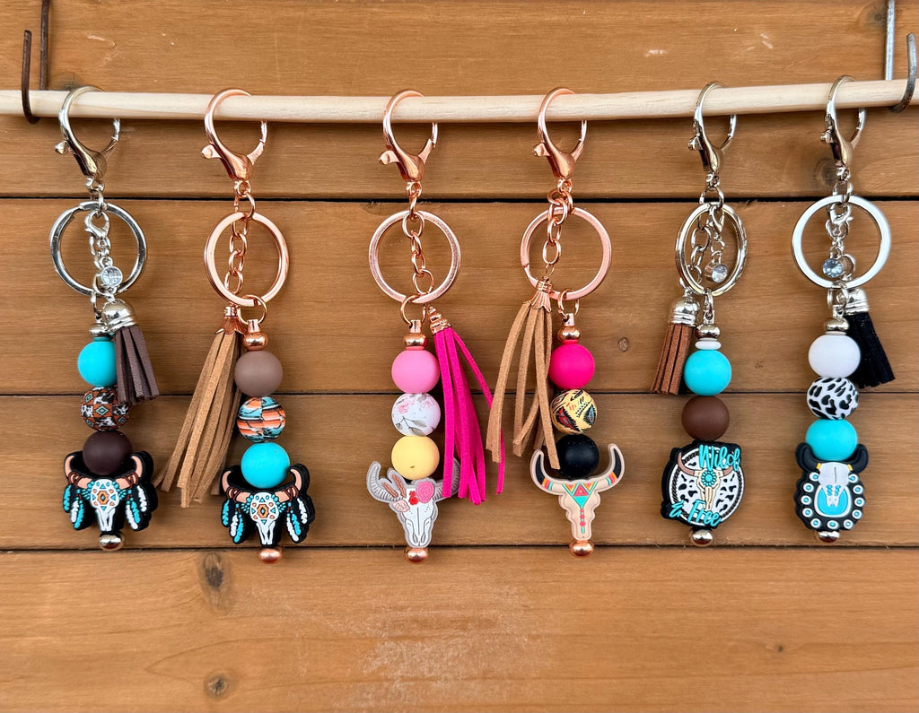 Western Longhorn Steer Skull Silicone Beaded Keychain with Leather Tassel